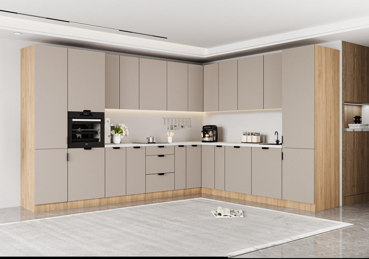 WINKELKÜCHE 345 x 285 cm - Sorento KS12-M345 - in Beige / Sonoma Eiche - Beige/Schwarz, Holz/Metall (630/247/58cm)