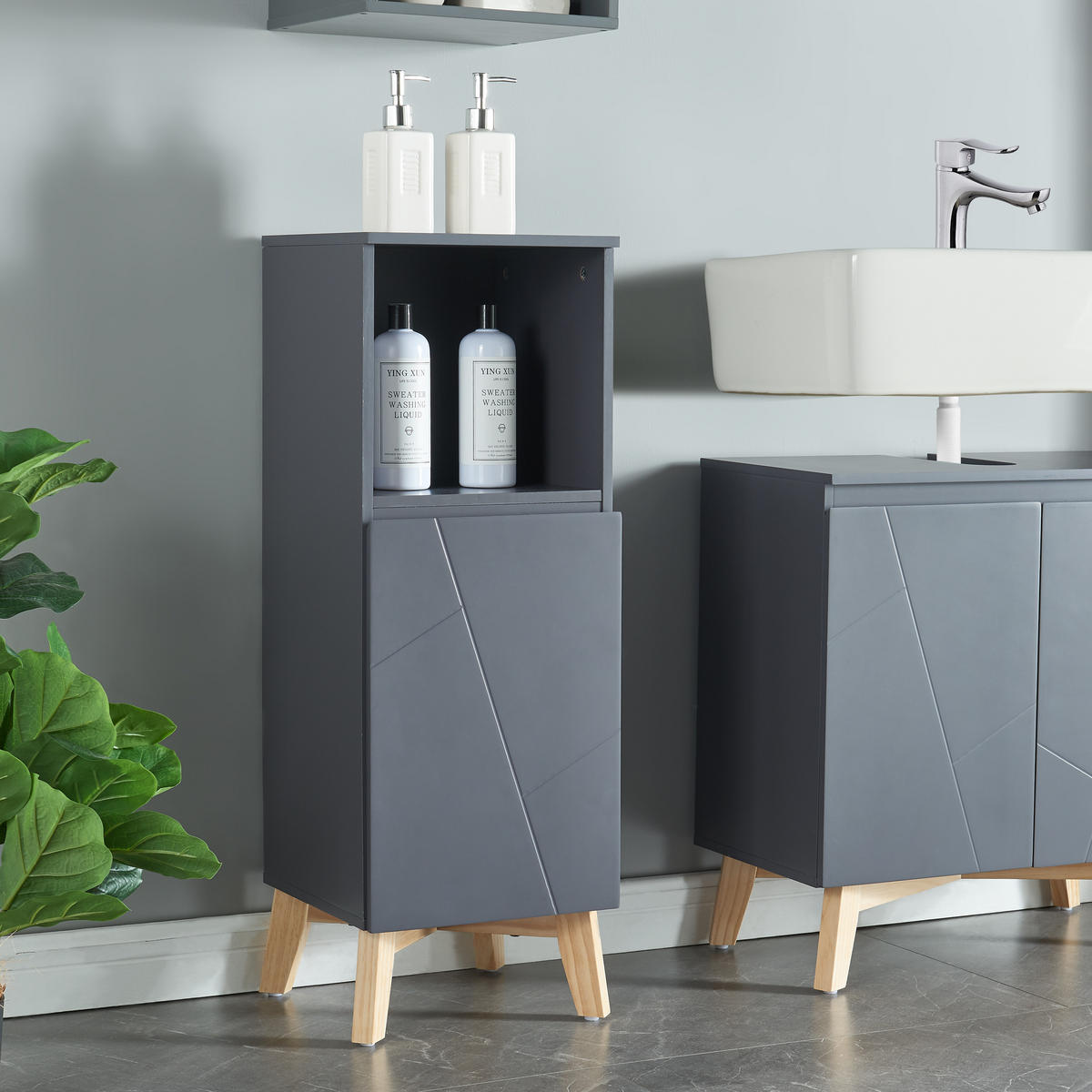 BADEZIMMERSCHRANK Overath - Naturfarben/Grau, Eichenholz/Holzwerkstoff (30/86/30cm) - [en.casa]