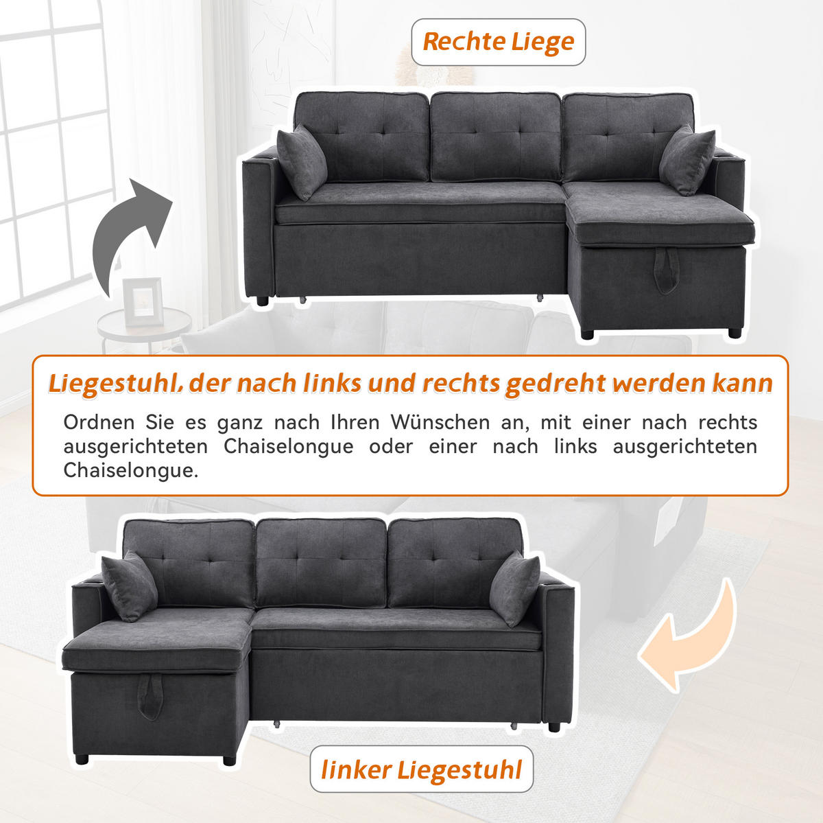 SCHLAFSOFA 211/130 cm in Grau – mit Stauraum und austauschbarer Chaiselongue - Grau, Textil (130/86/211cm) - BEAOK