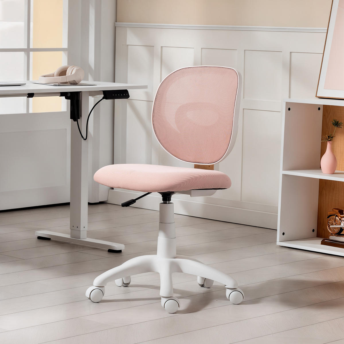 BÜROSTUHL Ergonomischer Schreibtischstuhl mit C-förmiger Rückenstütze, Rosa - Rosa/Weiß, Textil (53/89/59.5cm) - HOMCOM