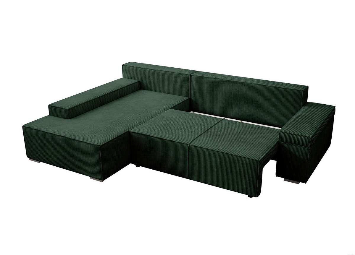 ECKSOFA Milo mit Schlaffunktion und Bettkasten, Couch L-Form, Cord-Stoff, 273x85x185 cm, Grün - Grün, Holz (185/273cm) - PROMETO Möbel