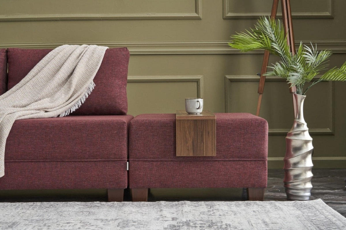ECKSOFA mit rollbarer Schlaffunktion - Rot/Walnussfarben, Holz/Textil (280/210cm) - myHomelando