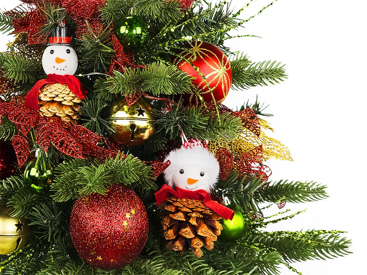 WEIHNACHTSBAUM künstlicher 60 cm mit LED-Beleuchtung, SCHNEEMANN II, mit 31 Weihnachtsbaumschmuck, Pflanztopf mit Jutesack - Rot/Goldfarben, Kunststoff/Stein (40/60cm) - LAALU