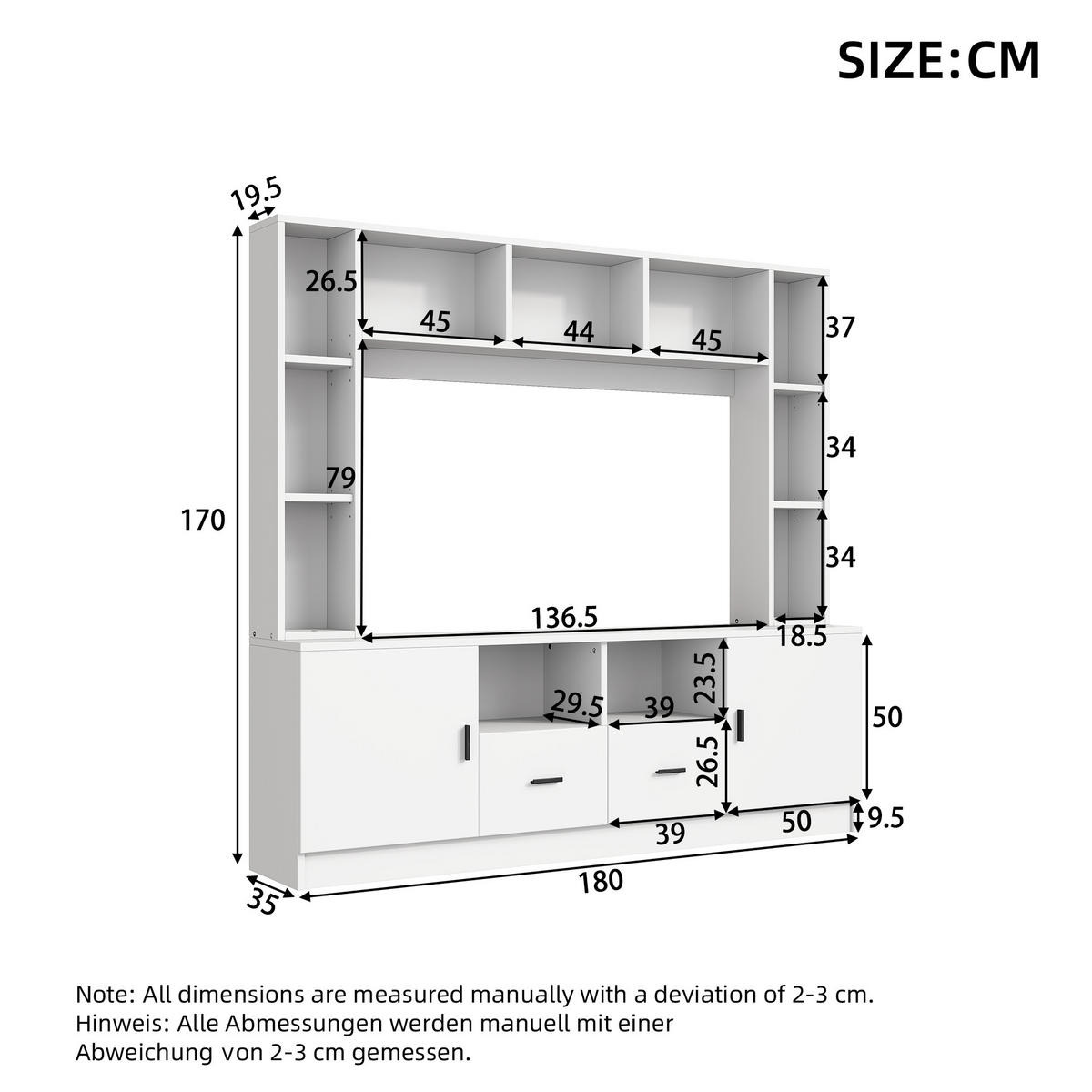 TV WOHNWAND SET 180cm Vitrine 2 Schränke 11 Fächer Weiß modern - Weiß, Holzwerkstoff (35/170/180cm) - FLIEKS