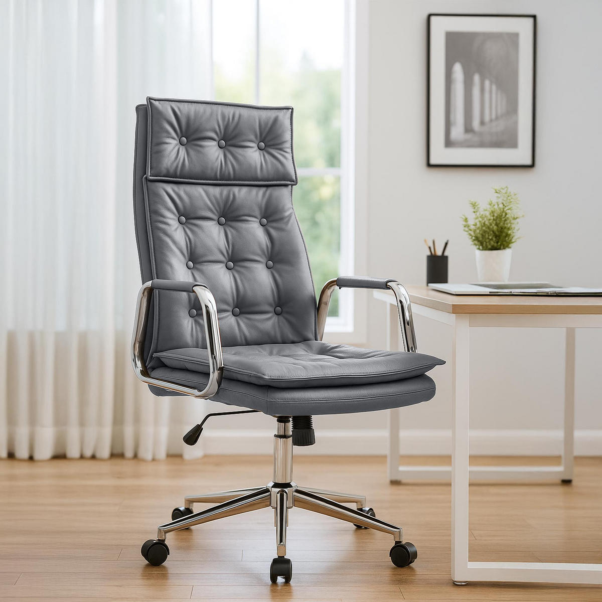 CHEFSESSEL Echtleder grau - Chromfarben/Grau, Leder/Metall (60/111/65cm) - CLP