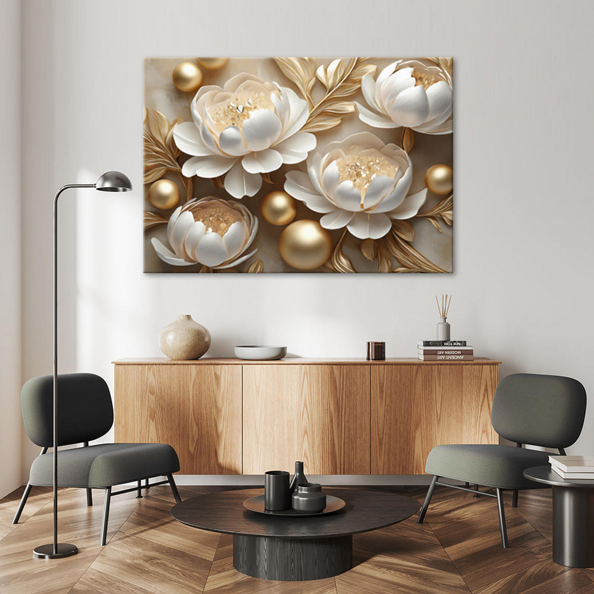 LEINWANDBILD Goldene Glamour Blumen 3D 60x40cm - Goldfarben, Textil (60/40cm) - Feeby