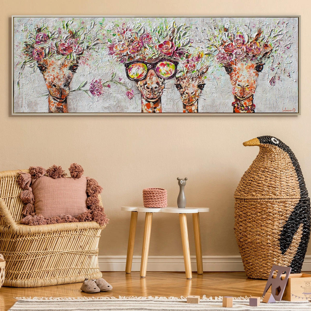 GEMÄLDE Giraffen Schattenfugenrahmen Beige 150x50 cm - Beige, Holz (150/50cm) - YS-art gallery