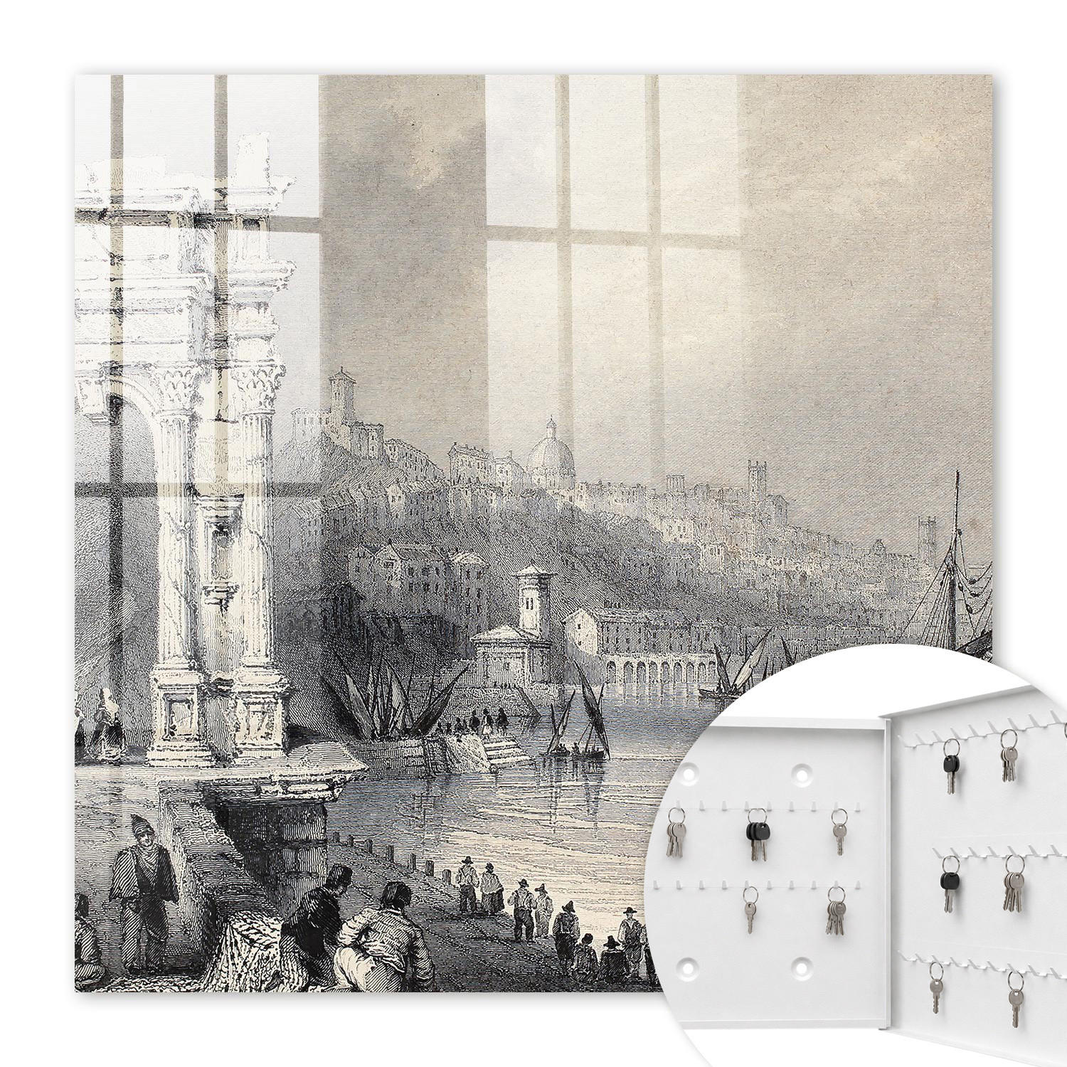 SCHLÜSSELBOX Weiß 30x30 cm – Türöffnung nach rechts - Der Trajansbogen und die Zitadelle von Ancona - Grau, Metall (30/30/5cm) - TULUP