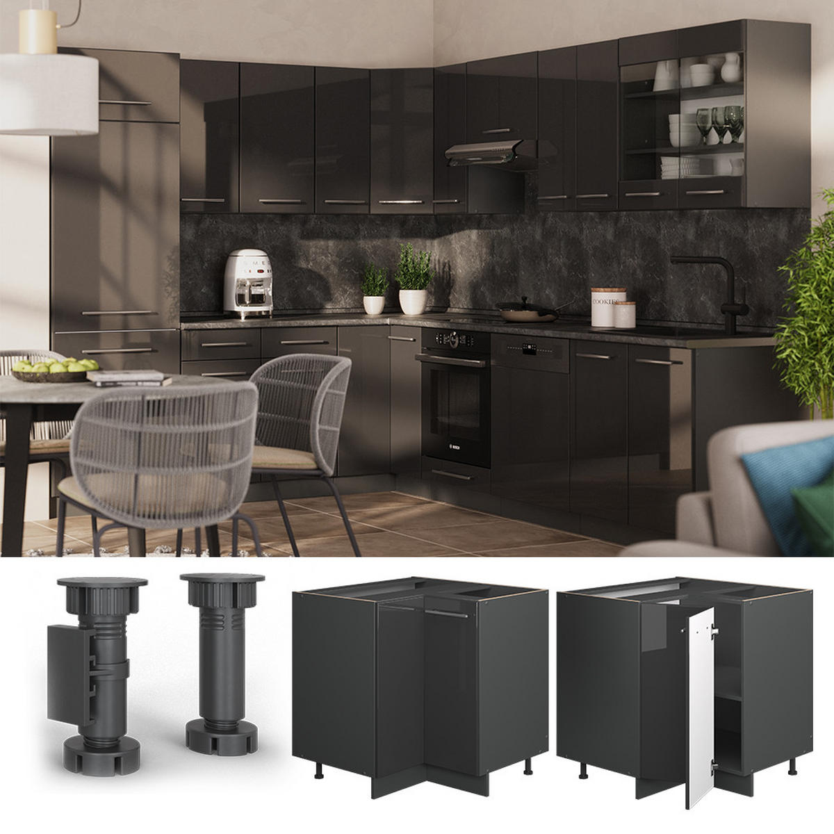 ROHOVÁ SKŘÍŇKA Fame-Line Antracitový vysoký lesk - antracitová/vysoce lesklá černá, kompozitní dřevo (80.5/82/60cm) - Vicco