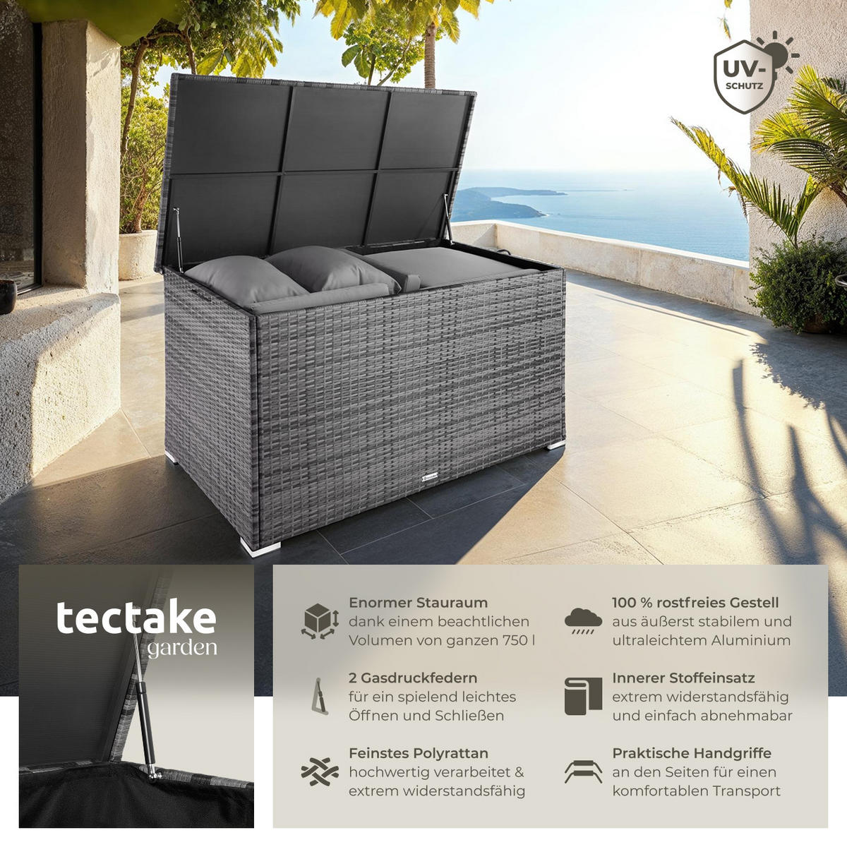 AUFLAGENBOX Oslo,145 x 82,5 x 79,5 cm,grau - Grau, Kunststoff (82.5/79.5/145cm) - tectake