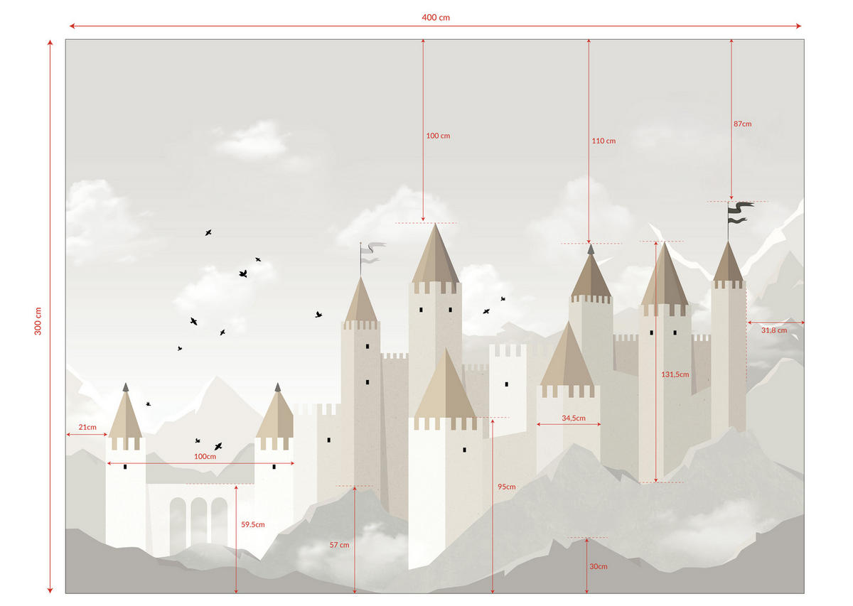 PANORAMA-VLIESTAPETE Schloss 4 x 3 m, grau - Beige/Hellgrün, Papier (400/300cm) - Lilipinso