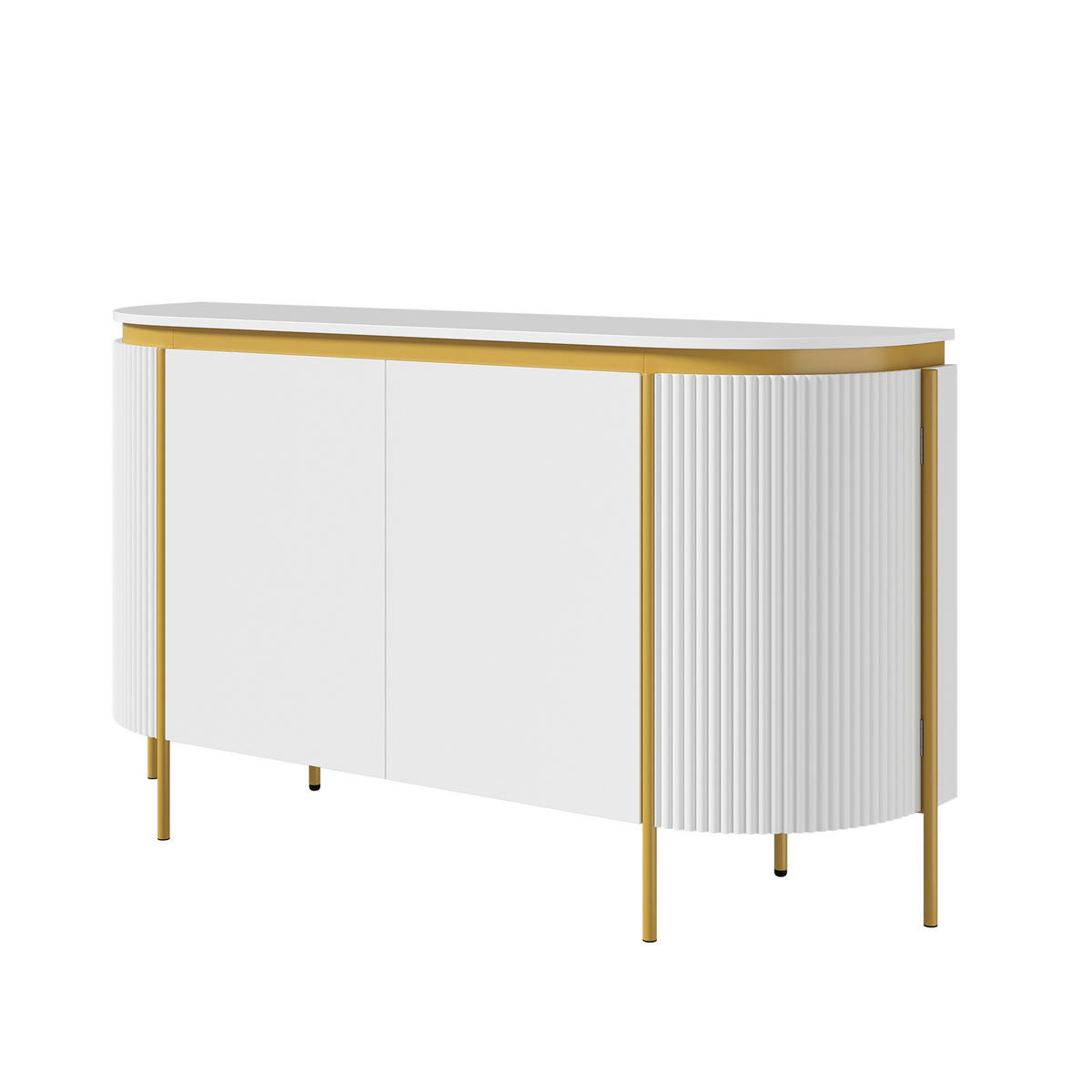 SIDEBOARD Oval 140cm MDF Riffel-Optik 4 Türen Gold-Details - Weiß, Holzwerkstoff (140/80/38cm) - Urban Meuble