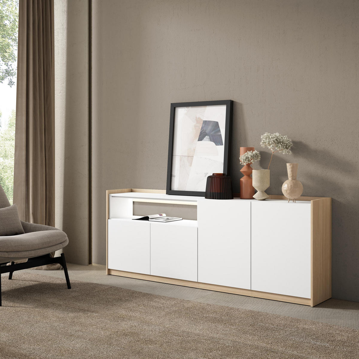 SIDEBOARD, Weiß und Eiche, 207/37/80cm, mit Led - Weiß, Holzwerkstoff (207/80/37cm) - Skraut Home
