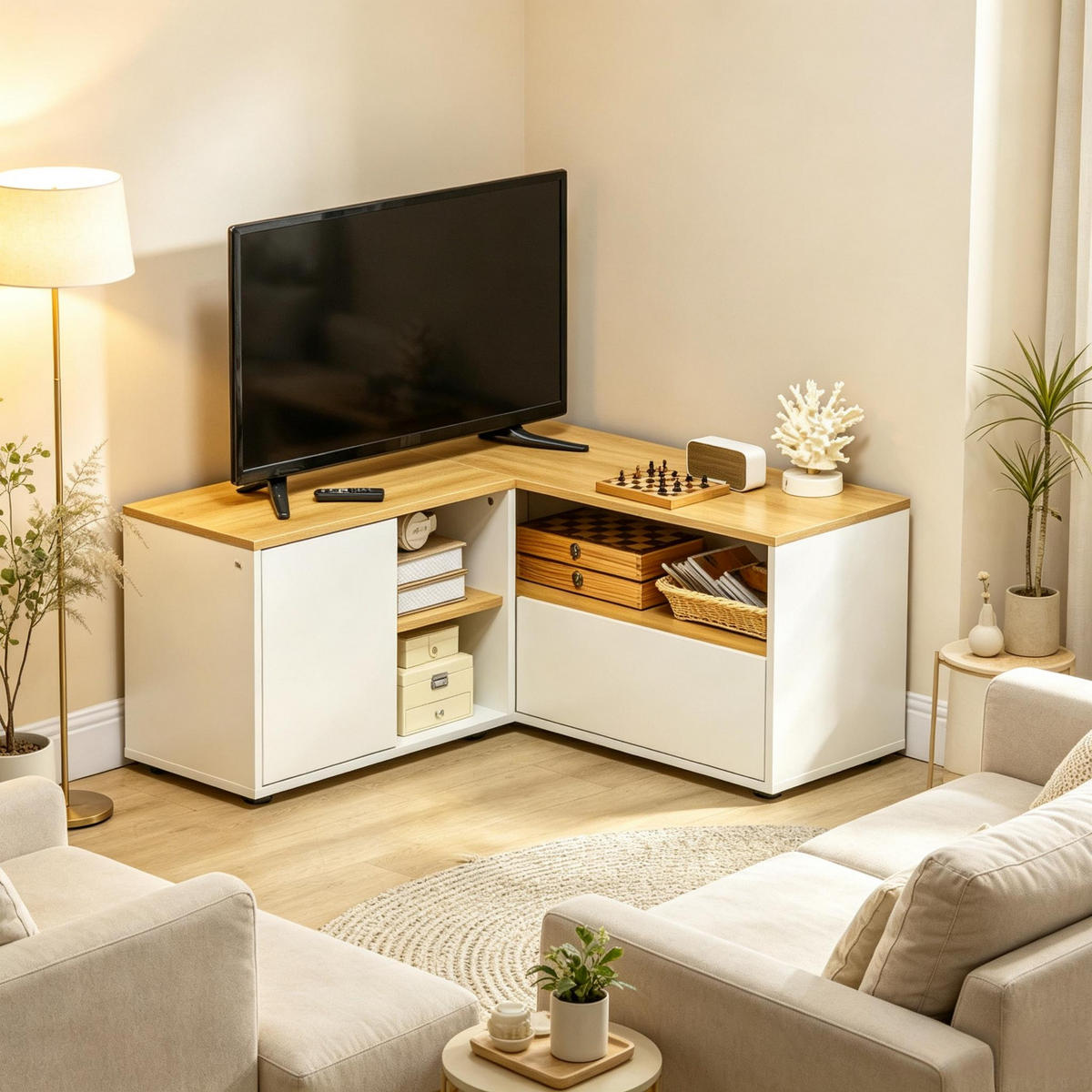 TV-SCHRANK DE-40512 L-förmig mit 2 Türen und 3 offenen Fächern Hellholz/Weiß - Weiß, Holzwerkstoff (90/45/90cm) - ComfortXL