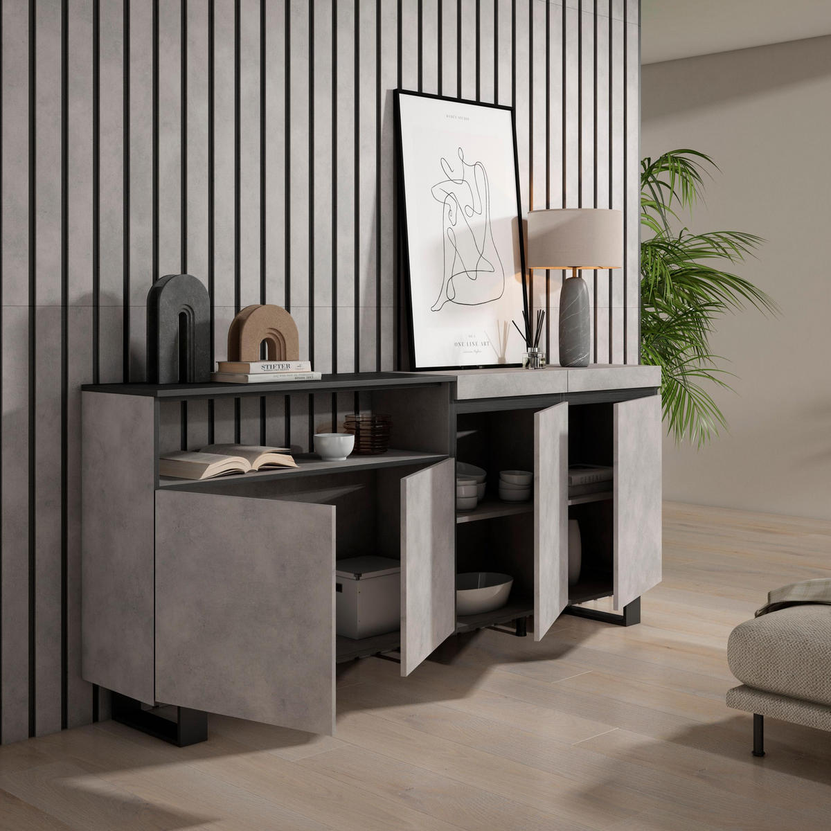 SIDEBOARD zementgrau, 200/35/87cm - Grau, Holzwerkstoff (200/87/35cm) - Skraut Home