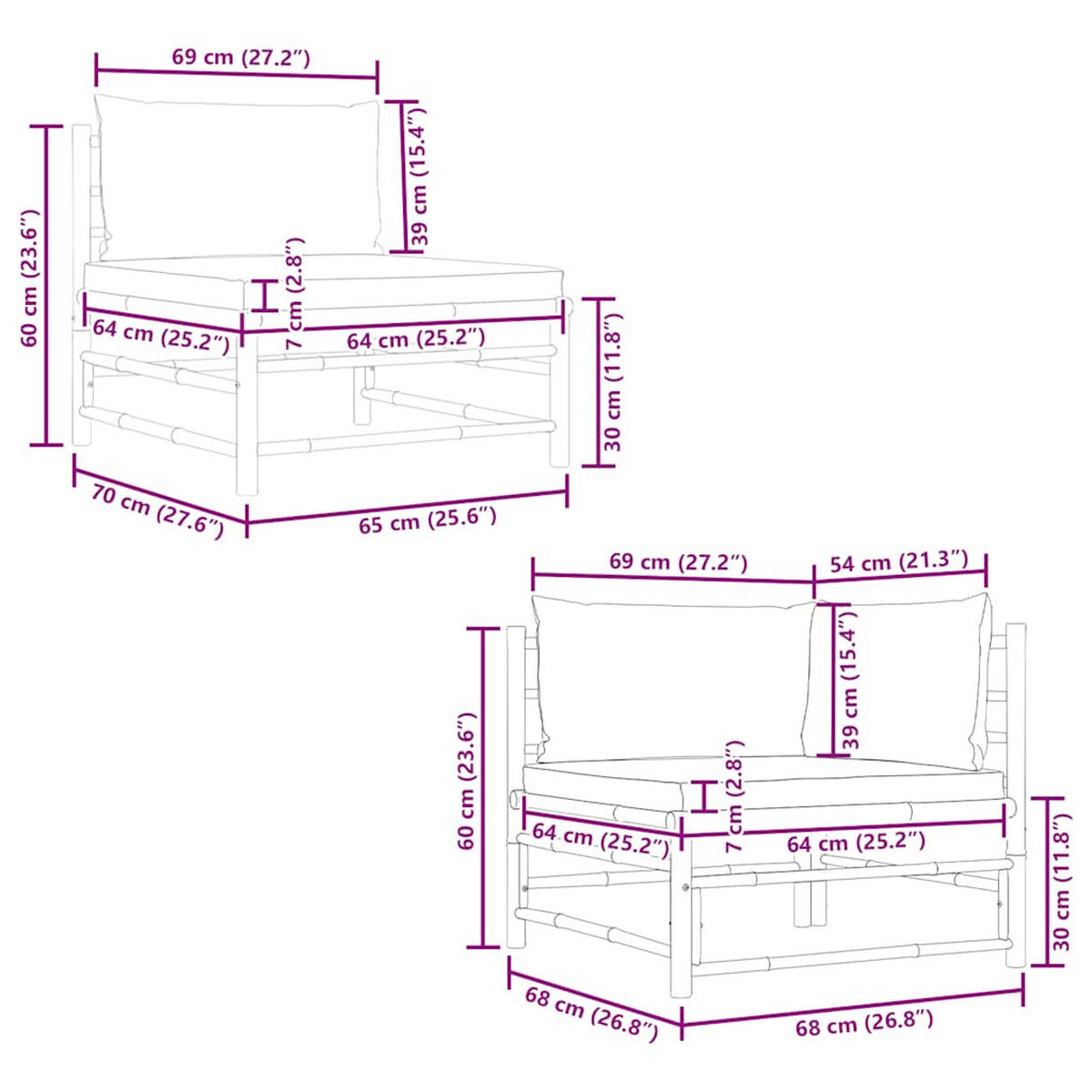 GARTEN-LOUNGE-SET 2-teilig Mit Kissen CremeWeiß Bambus - Creme/Naturfarben, Naturmaterialien/Textil - vidaXL