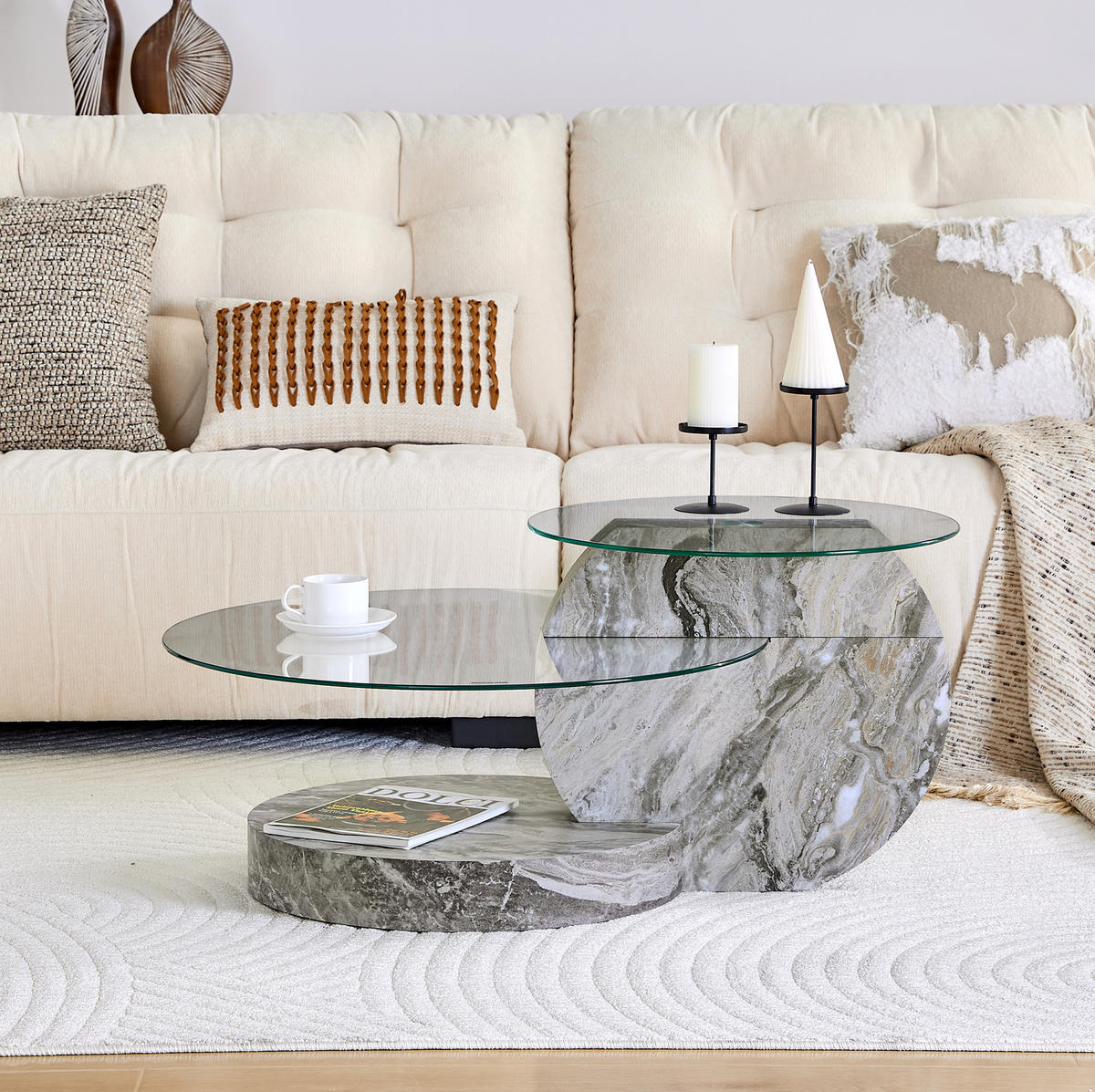 COUCHTISCH 70 cm aus Glas mit 2 Ebenen in grauer Marmoroptik - Transparent, Holzwerkstoff (90/70/44cm) - Flora Grace