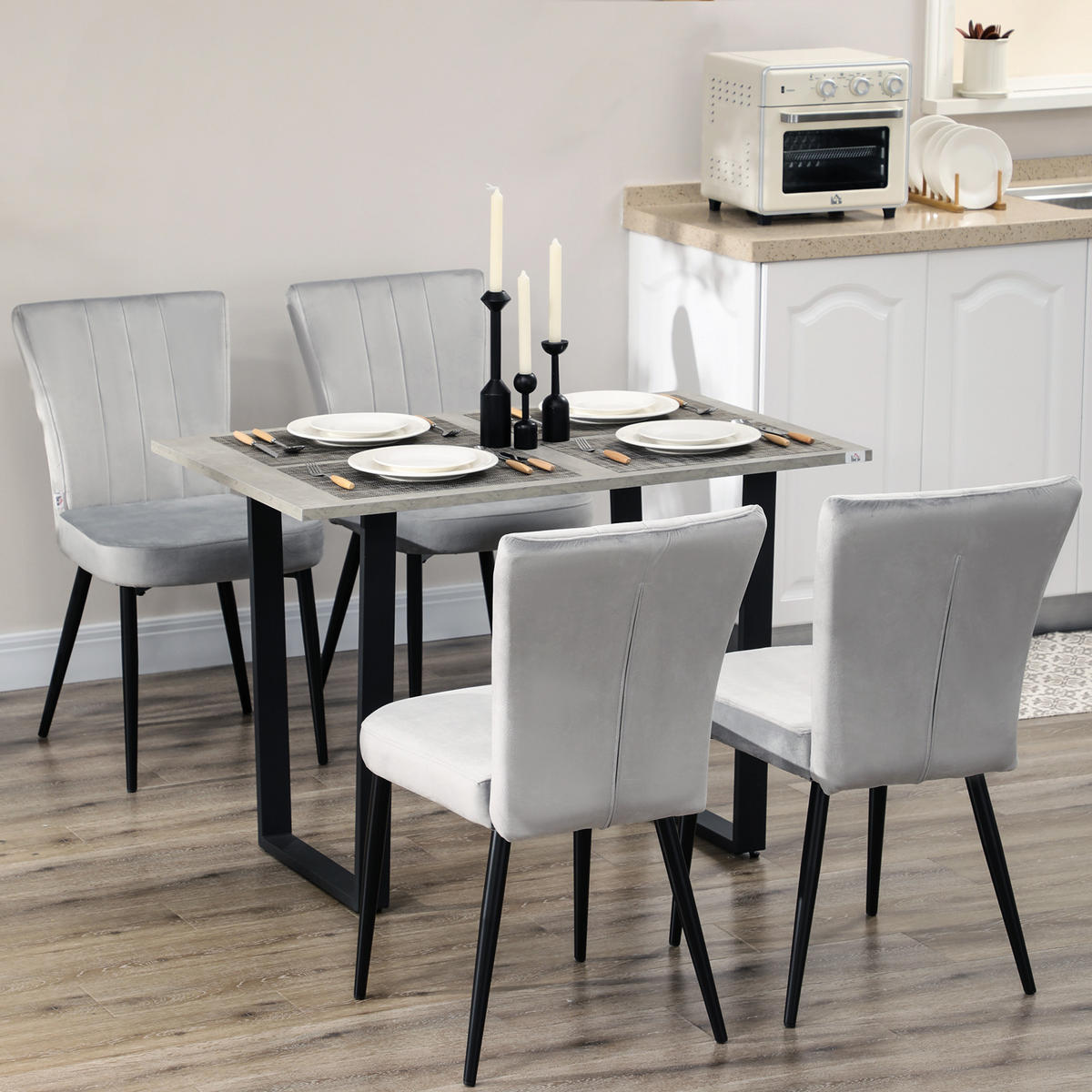 ESSZIMMERSTUHL, 4er-Set Küchenstühle, Essstuhl mit Rückenlehne, Samtoptik Grau - Grau, Kunststoff (65/87/46cm) - HOMCOM