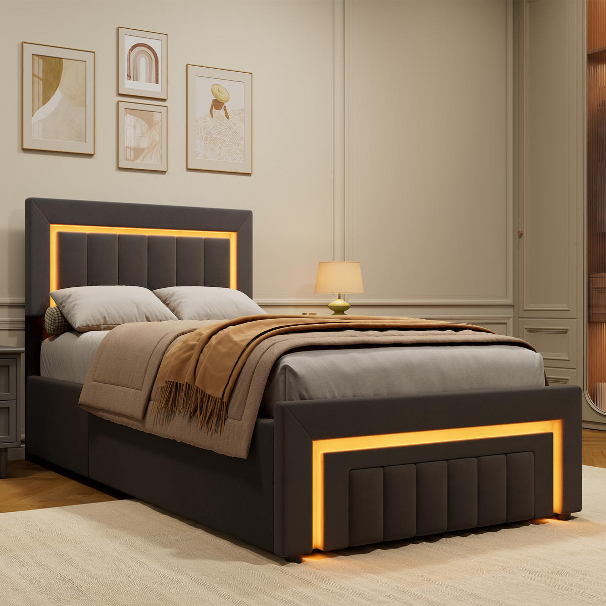 POLSTERBETT 90/190 cm mit hydraulischem Bettkasten, Schublade mit Rollen, LED-Beleuchtung, Grau - Grau, Textil (90/190cm) - Redom