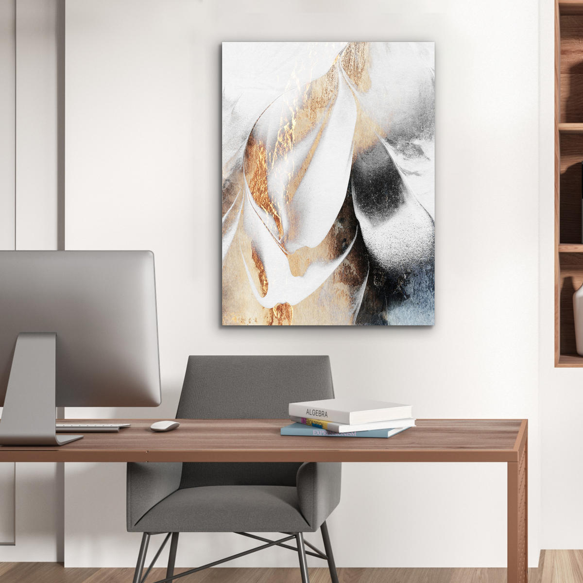 KOVOVÝ OBRAZ Luxusné - abstraktné - zlaté - biele 60x80 cm - zlatá, kov (60/80cm) - MuchoWow