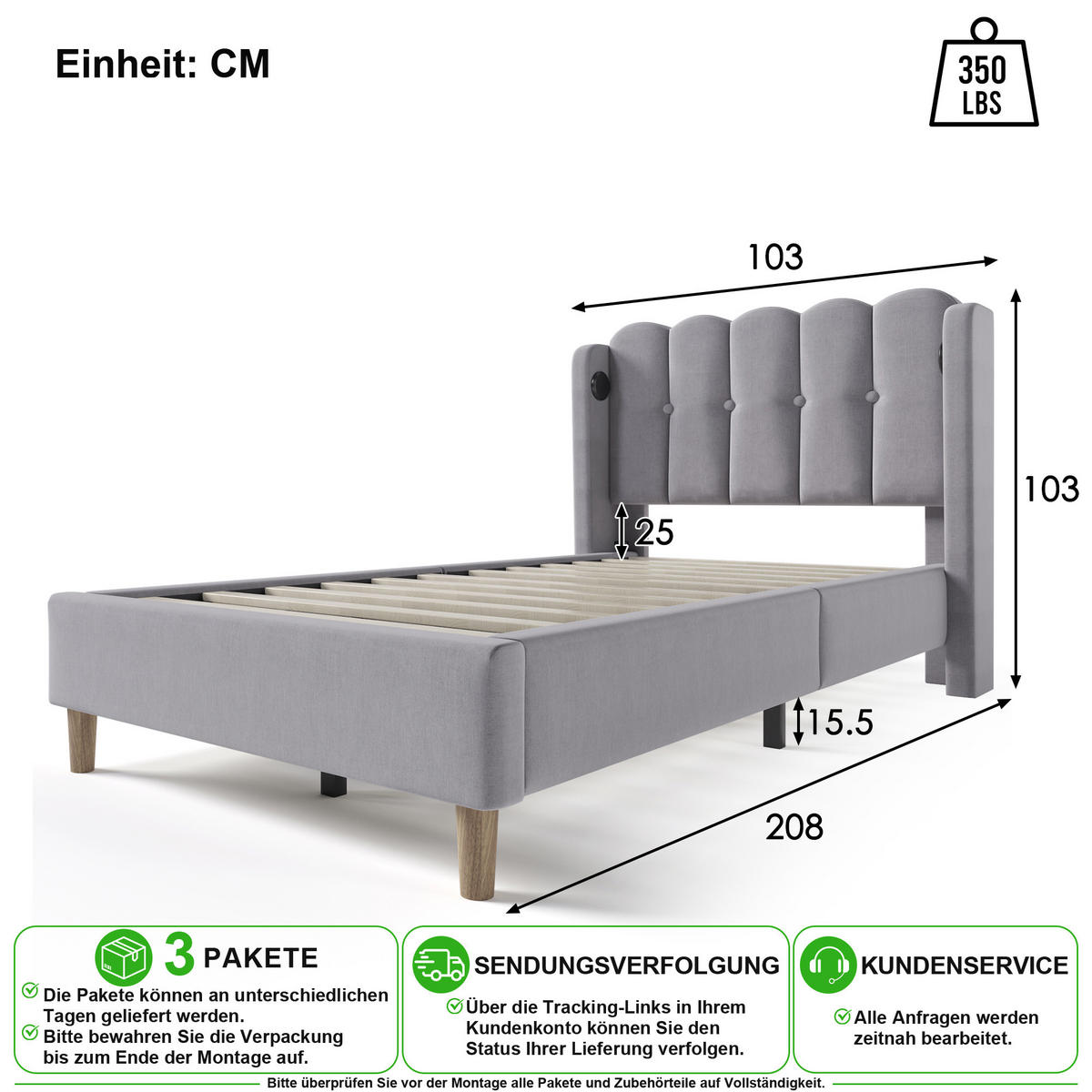POLSTERBETT 90/200 cm in Grau Leinen mit USB, Type-C und Matratze - Grau, Holzwerkstoff/Textil (90/200cm) - CHICFURN