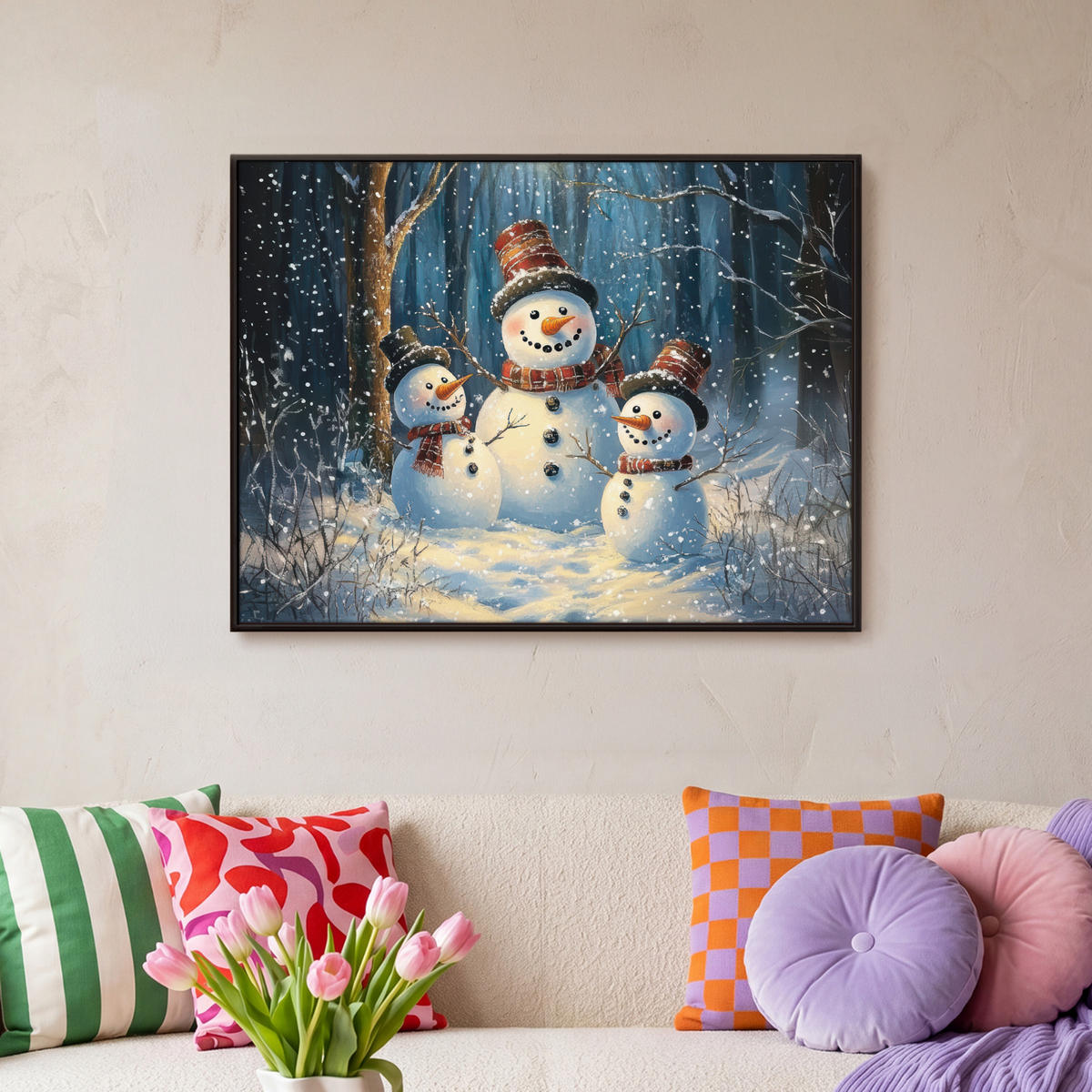 LEINWAND Bilder mit Rahmen - Schneemann - Schnee - Winter - Wald - 70x50 - Hellblau, Textil (70/50cm) - MuchoWow