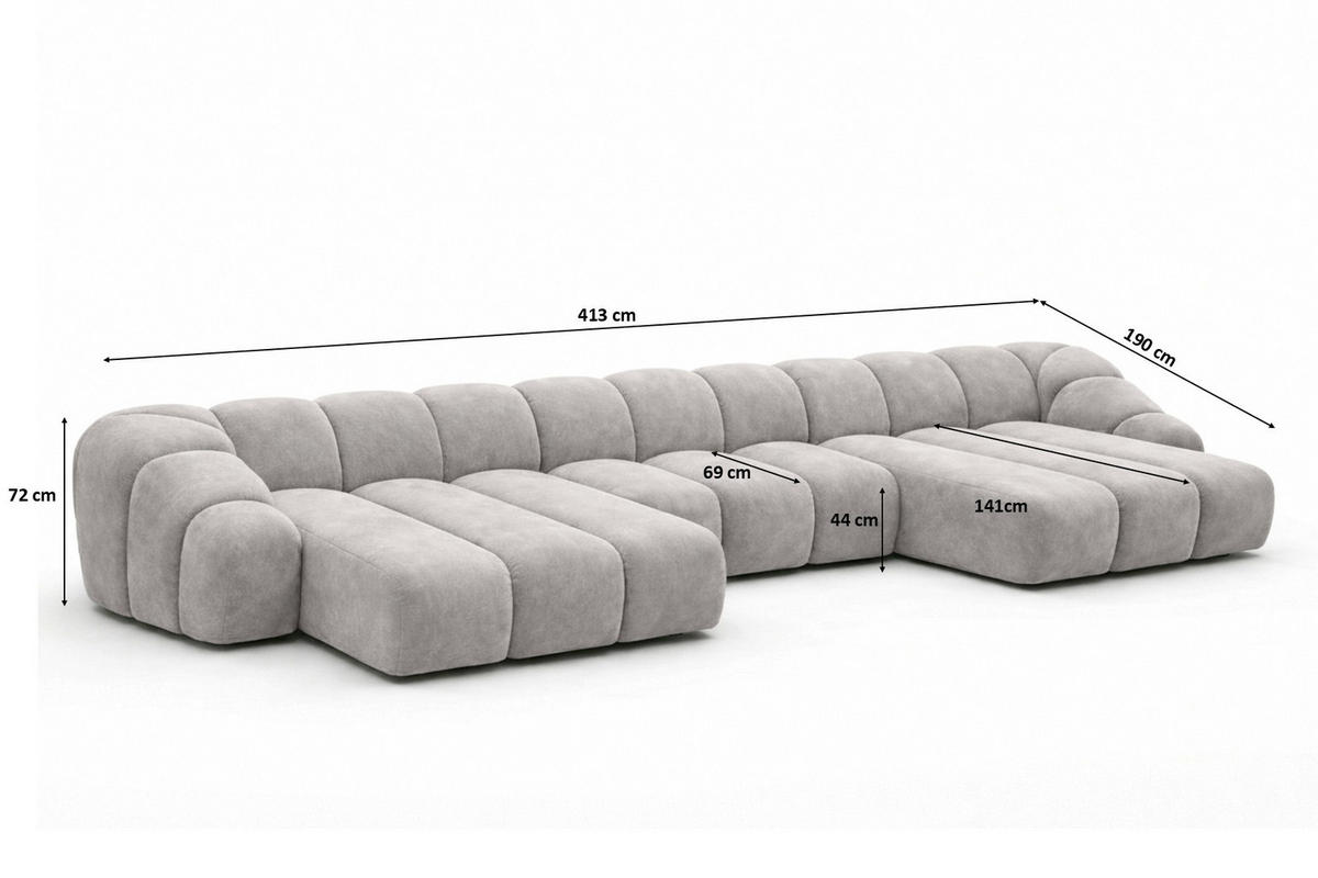 ECKSOFA Modulare U-Form, Veloursstoff Bluvel, Grau, CROISSANT U - Grau, Holz (413/72/190cm) - Kaiser Möbel
