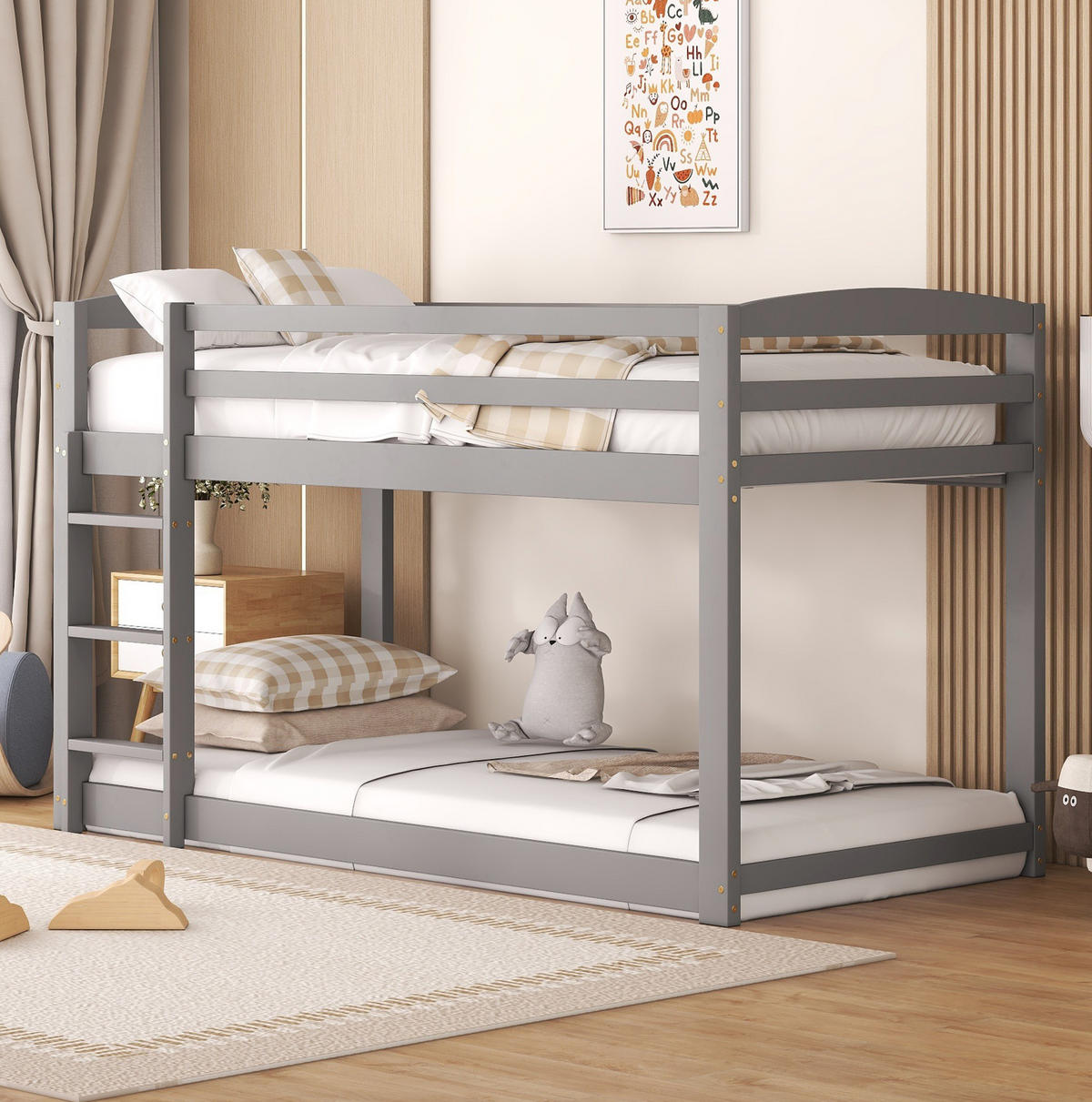 KATNI krevet od borovine 90x200 cm sivi niski profil, sa zaštitnom ogradom i uštedom prostora - siva, drvni materijal (90/200cm) - Modfu