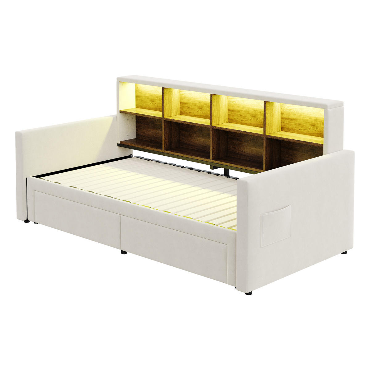 POLSTERBETT 90/190 cm Beige aus Samt mit Stauraum und LED-Beleuchtung - Beige, Textil (90/190cm) - OKWISH