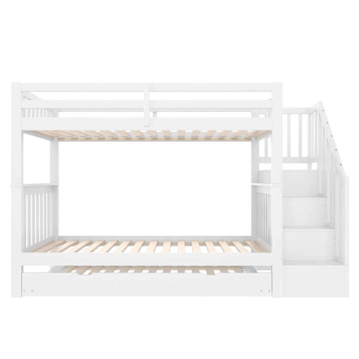 ETAGENBETT 90/200 cm mit ausziehbarem Rollbett, Treppenregal und hohen Sicherheitsgittern, Weiß - Weiß, Holzwerkstoff (90/200cm) - Redom