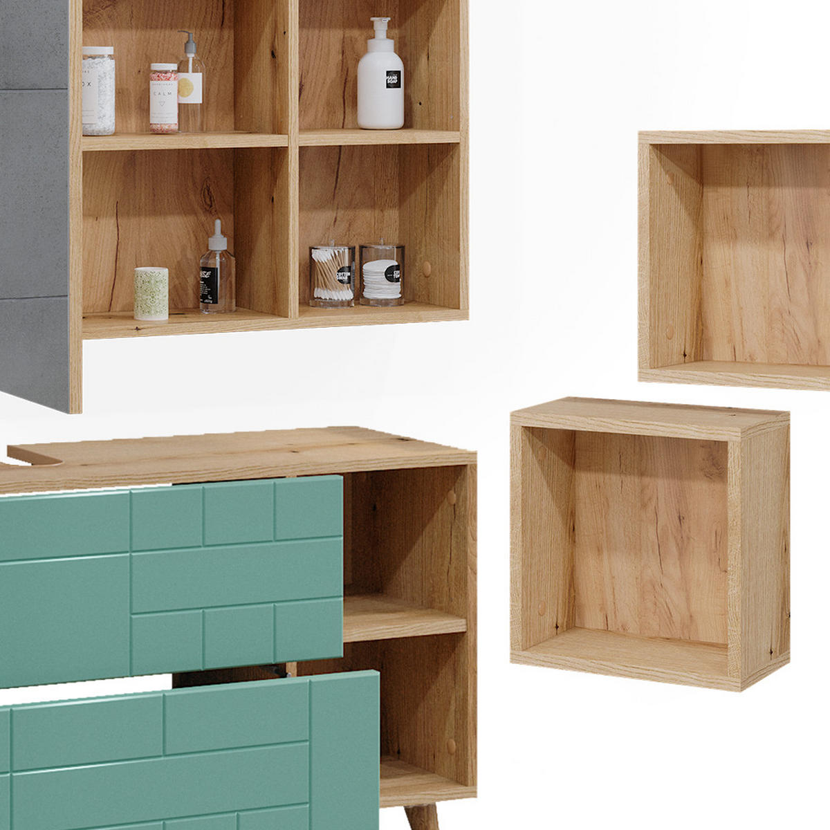 BADMÖBEL-SET Rudi Mintgrün 4 Teile - Eichefarben/Mintgrün, Holzwerkstoff (90/59/32cm) - Vicco