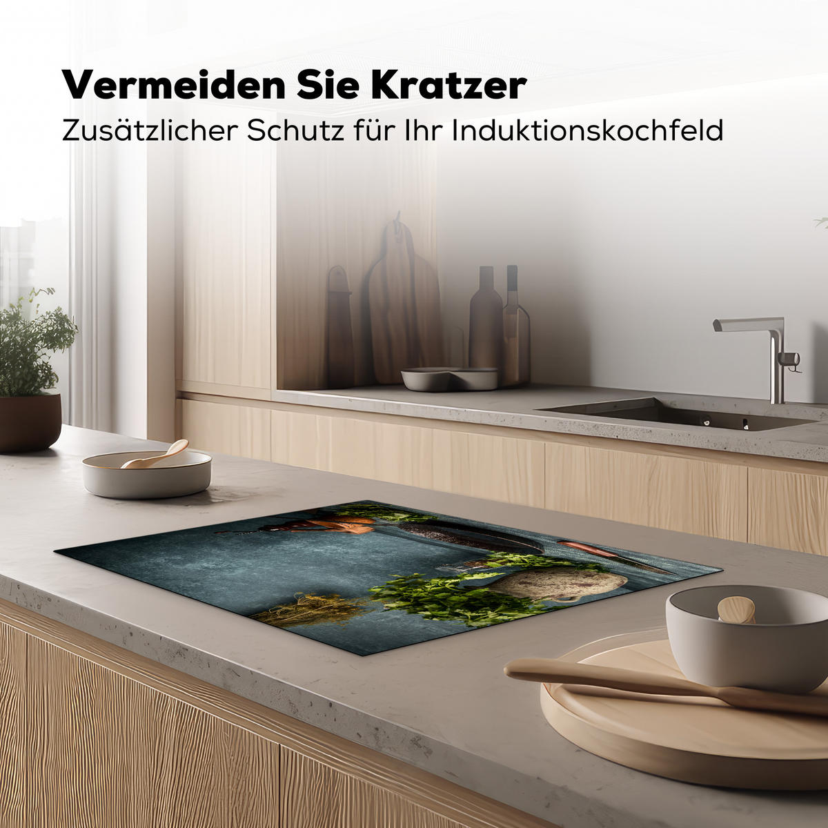 HERDABDECKPLATTE Kräuter - Gewürze - Pfanne - Messer - Grau - Rustikal Induktionsmatte 71x52 cm - Petrol, Kunststoff (71/52/0.2cm) - MuchoWow