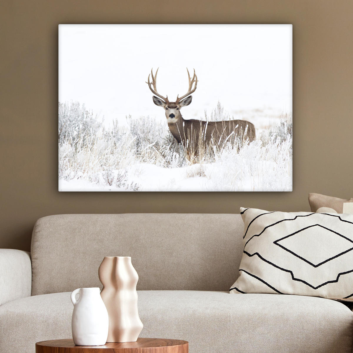 LEINWANDBILD Hirsche - Winter - Schnee - Tiere - Jahreszeiten - Weiß Wandbilder 80x60 cm - Hellbraun, Textil (80/60cm) - MuchoWow