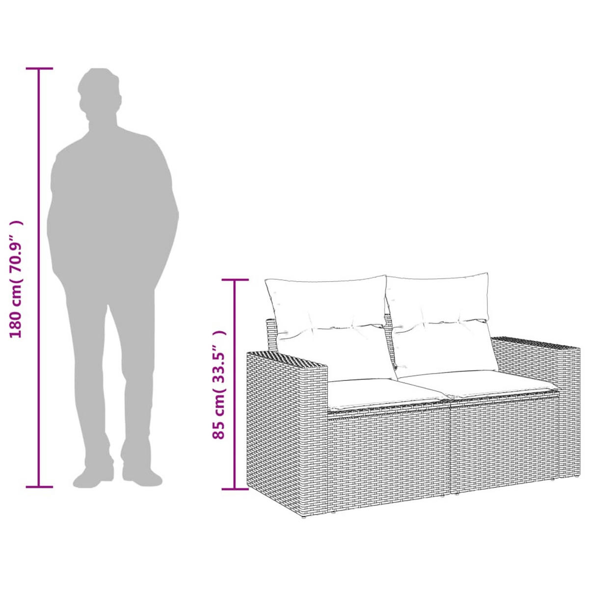 GARTENSOFA Mit Kissen 2-Sitzer Schwarz Poly Rattan - Schwarz, Kunststoff (131/69/62cm) - vidaXL