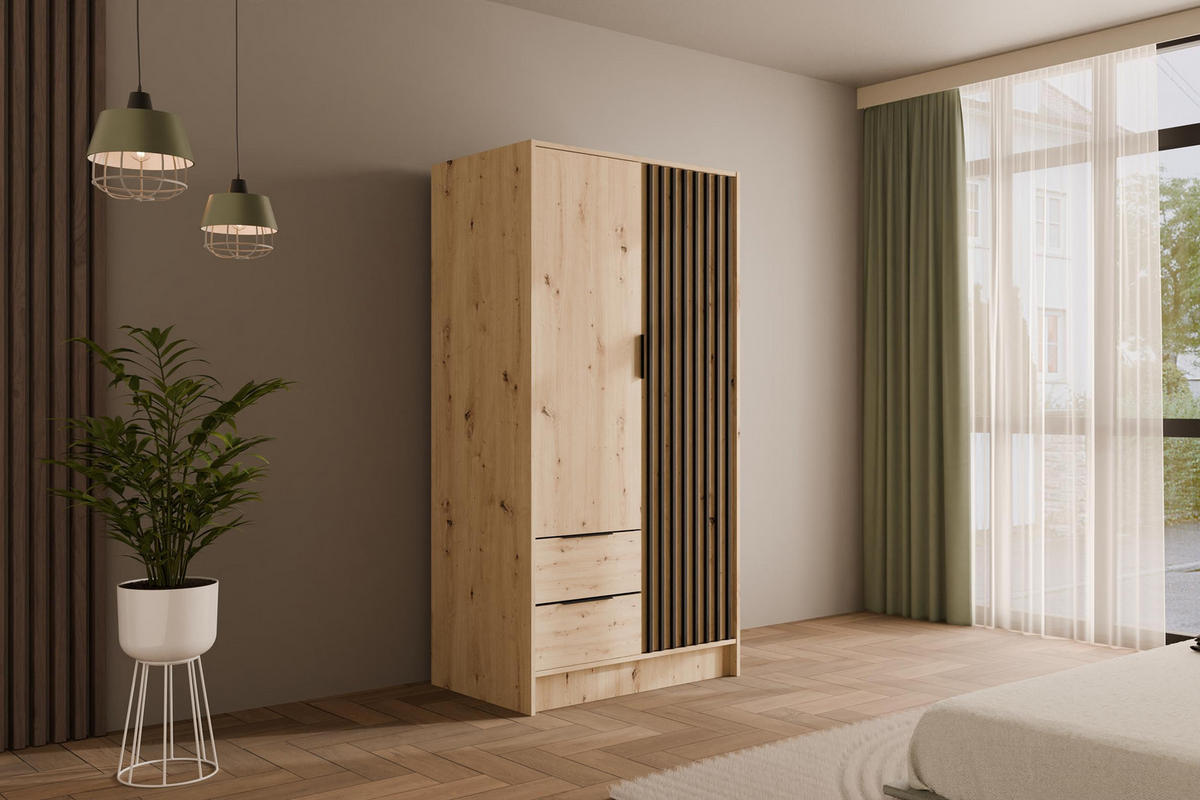 KLEIDERSCHRANK NELIA - 120 cm - Schwarz/Eiche Artisan, Holzwerkstoff (102/200/51cm) - ALTDECOR