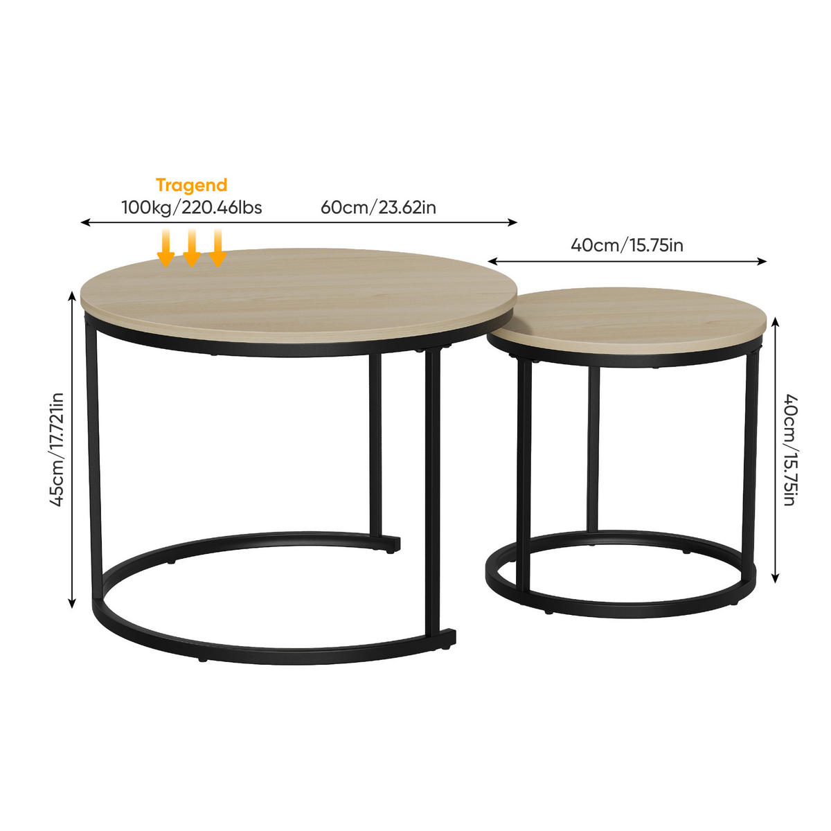 COUCHTISCH-SET Eichefarben 2er-Set 60/60/45 cm - Eichefarben, Metall (60/60/45cm) - PANGIVO