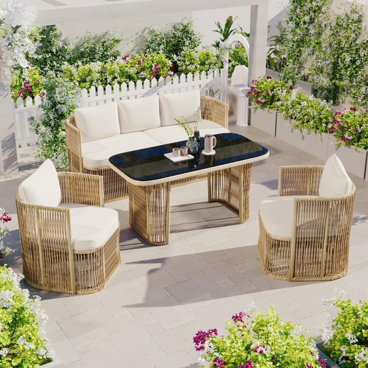 GARTENGARNITUR 4-teiliges Gartenmöbel Set,PE Rattan Outdoor Lounge Set,Weiß-Braun - Weiß, Metall - LVHOM