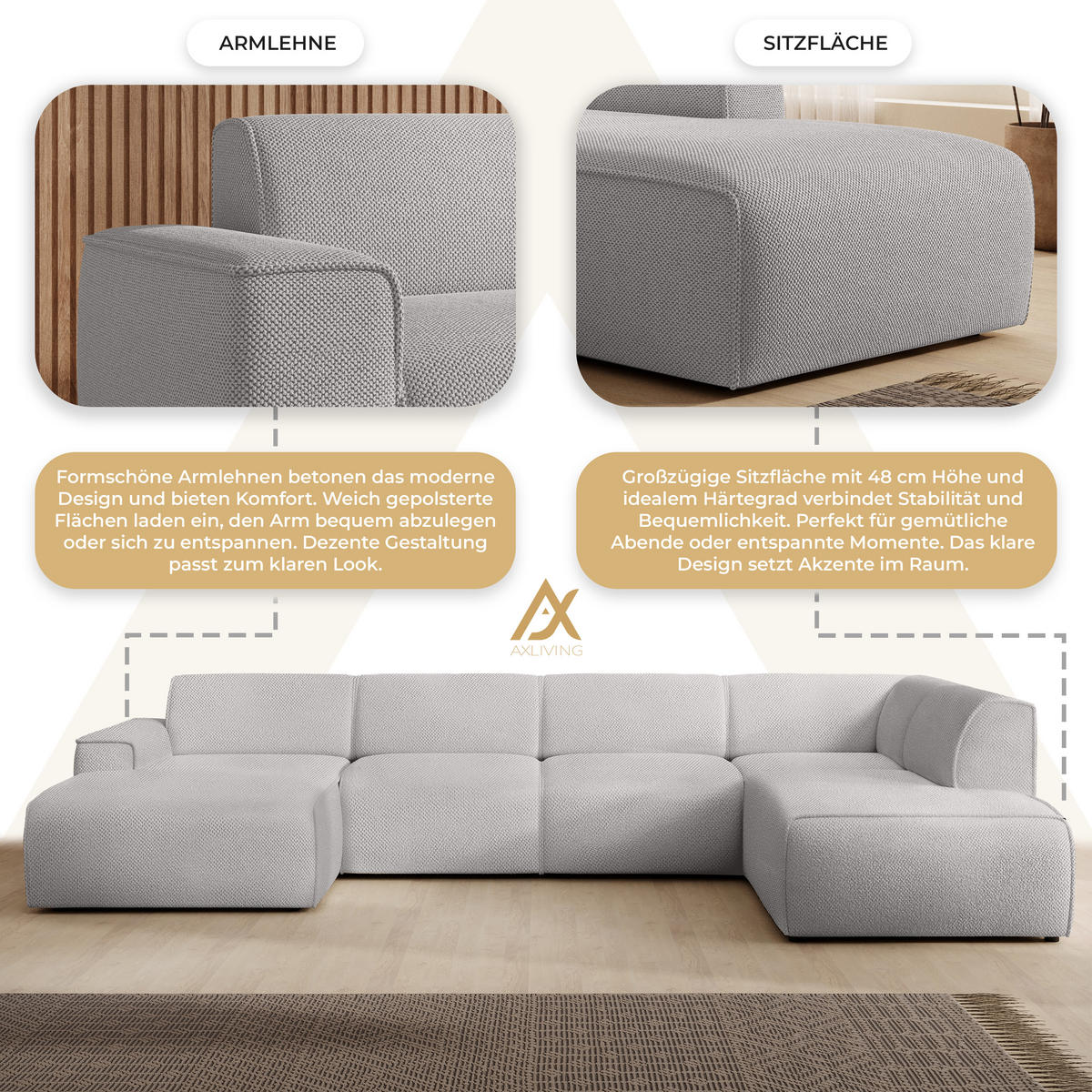 WOHNLANDSCHAFT Didim Hellgrau 378/220/78 cm – großes Sofa stilvoll & bequem R - Hellgrau/Schwarz, Kunststoff/Textil (378/78/220cm) - AX Living