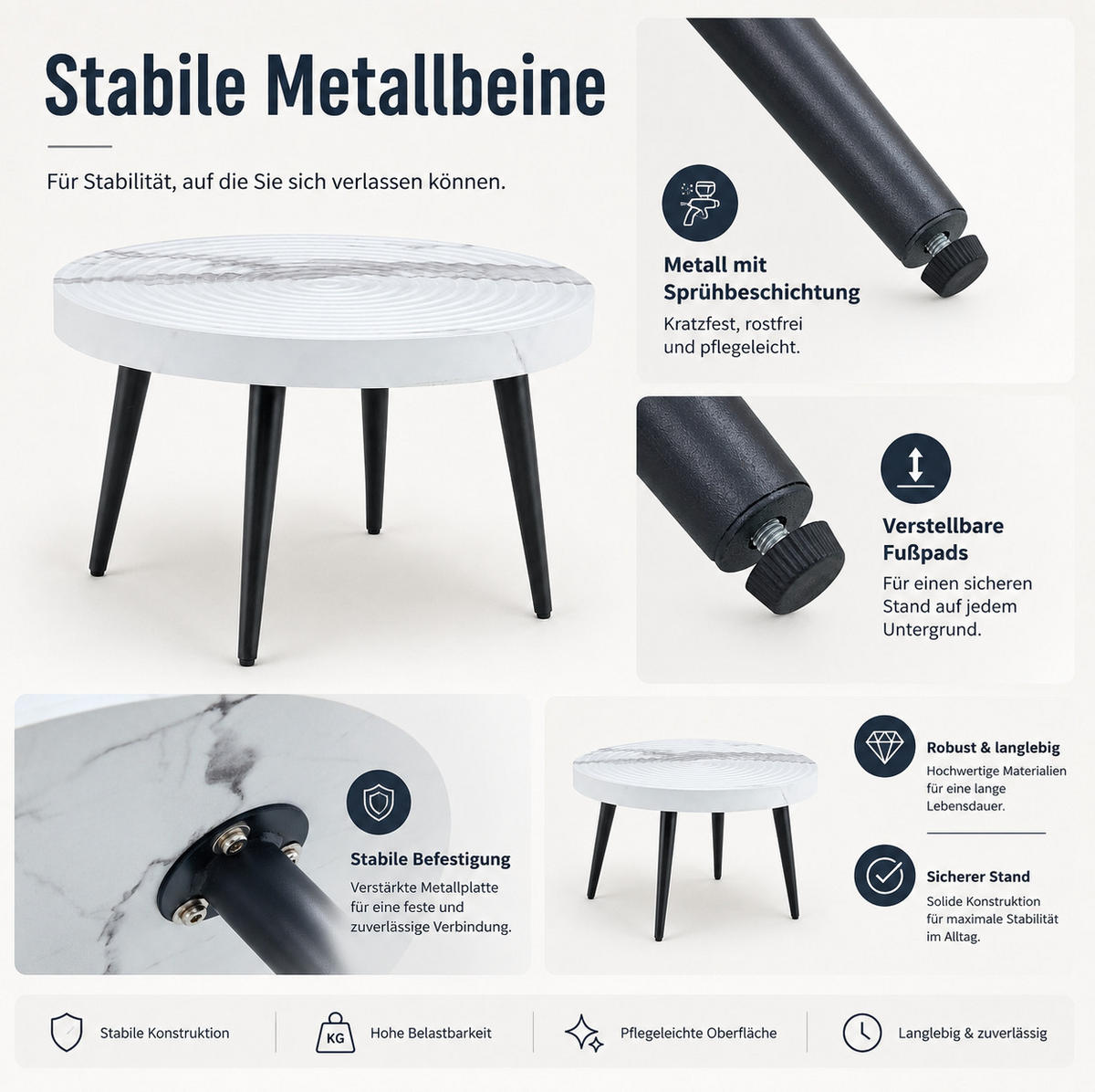 BEISTELLTISCH aus MDF 60x60x37 cm und Metall Weiß in Marmoroptik mit verstellbaren Füßen - Weiß, Holzwerkstoff (60/60/37cm) - IVMEU