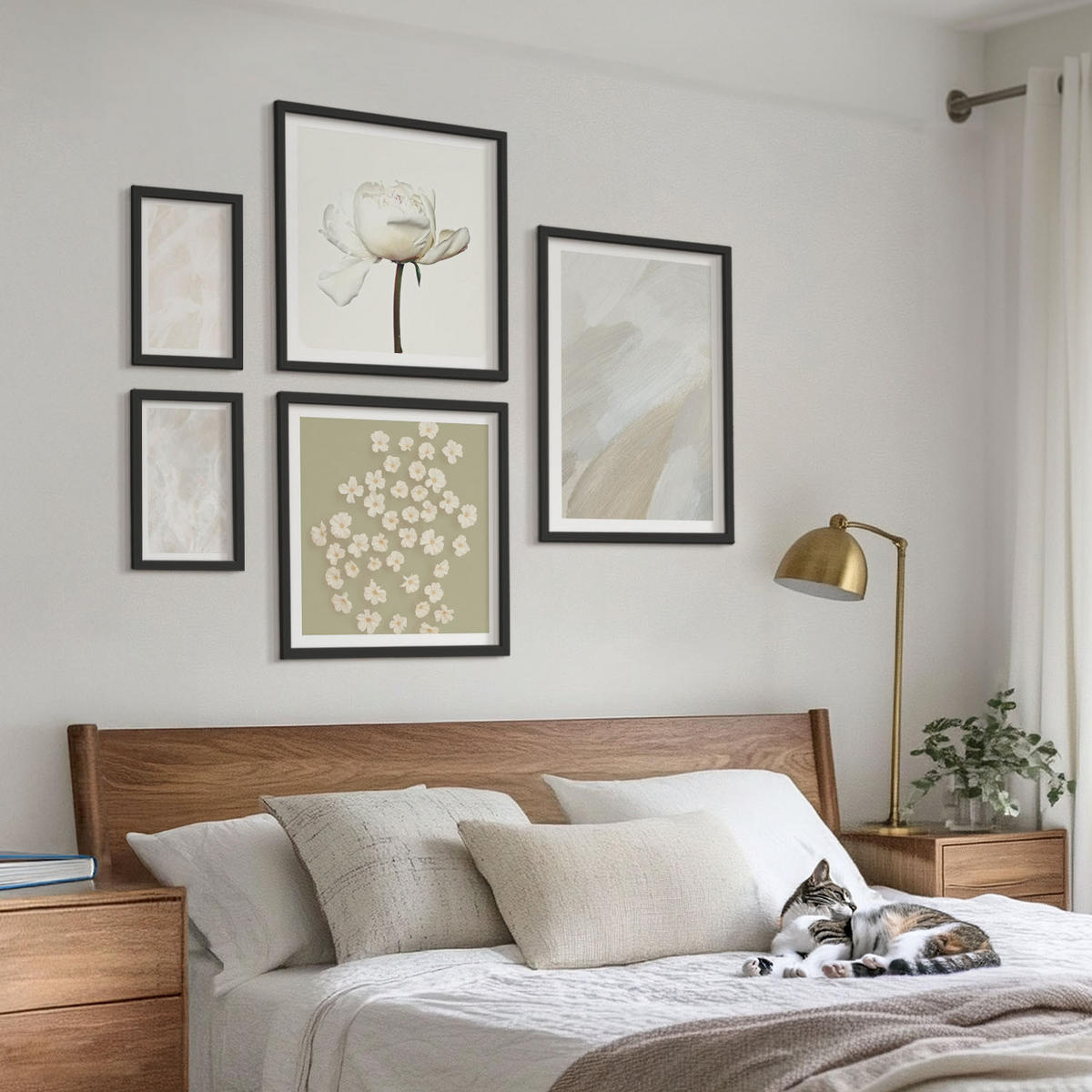 WANDBILDER 5er-Set - 50x50 cm & 20x30 cm & 40x60 cm Schwarzer Rahmen - Blumen, modische Boho-Texturen - Schwarz, Kunststoff (40/60cm) - ArtPrintCave