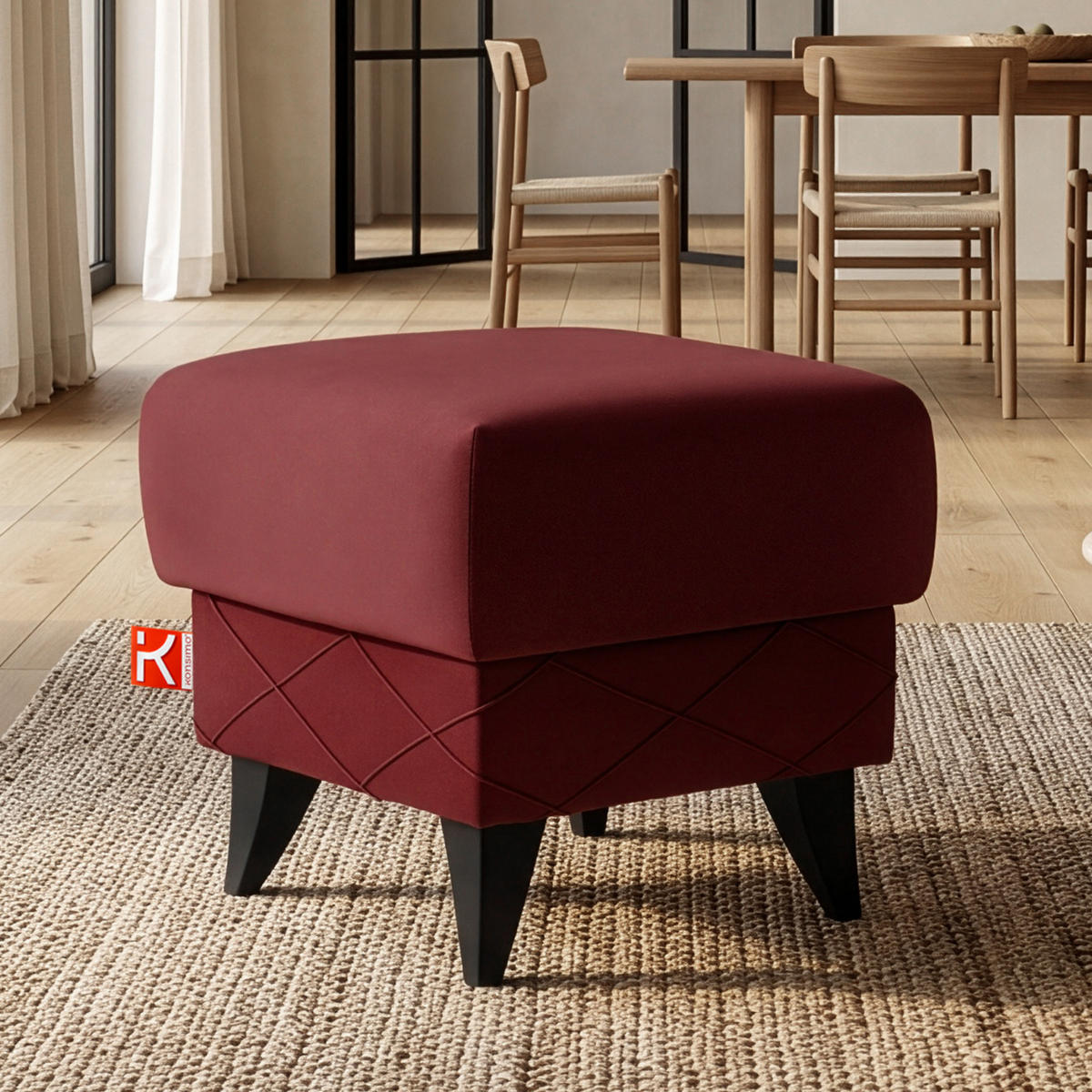 HOCKER GUSTAVO III Fußstütze, Velours, Bordeaux - Bordeaux, Holz/Holzwerkstoff (53/49/53cm) - KONSIMO®