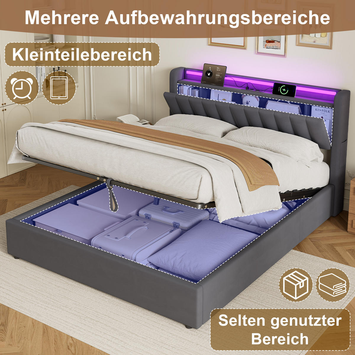 POLSTERBETT 160/200 cm in Dunkelgrau Samt mit Bettkasten und gepolstertes Kopfteil - Dunkelgrau, Holzwerkstoff/Textil (160/200cm) - CHICFURN