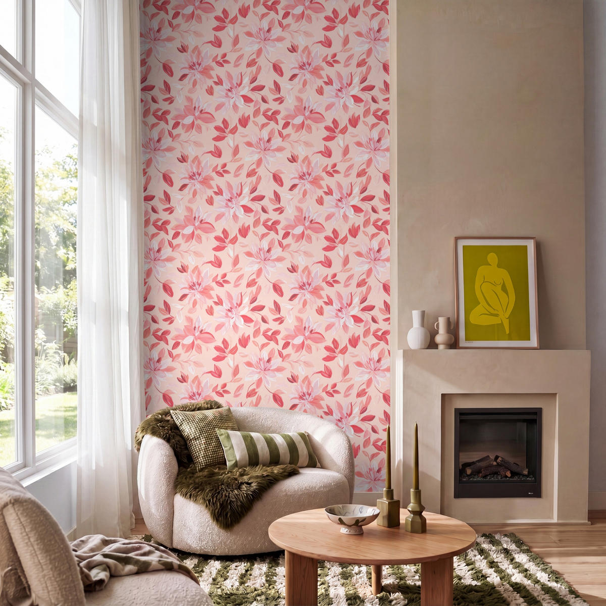 TAPETE - Botanisch - Blumen - Rot - 160x300 cm - Koralle, Papier (160/300cm) - OnlyWow