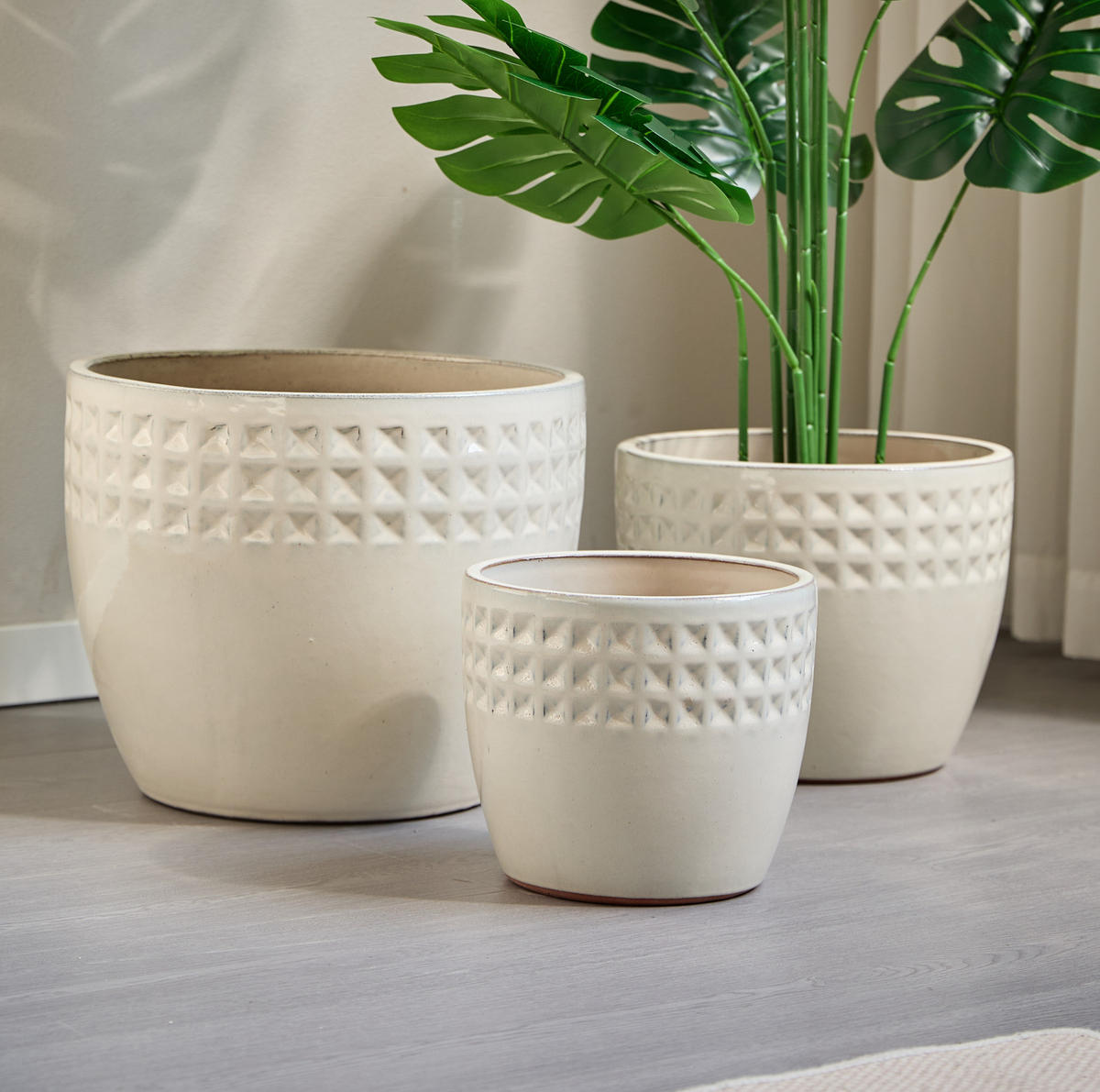 TRUHLÍK na kvetye, sada 3 ks, Ø 38/30,5/23 cm, keramika starobiela, mrazuvzdorné - biela, keramika (38/32/38cm) - BEAOK