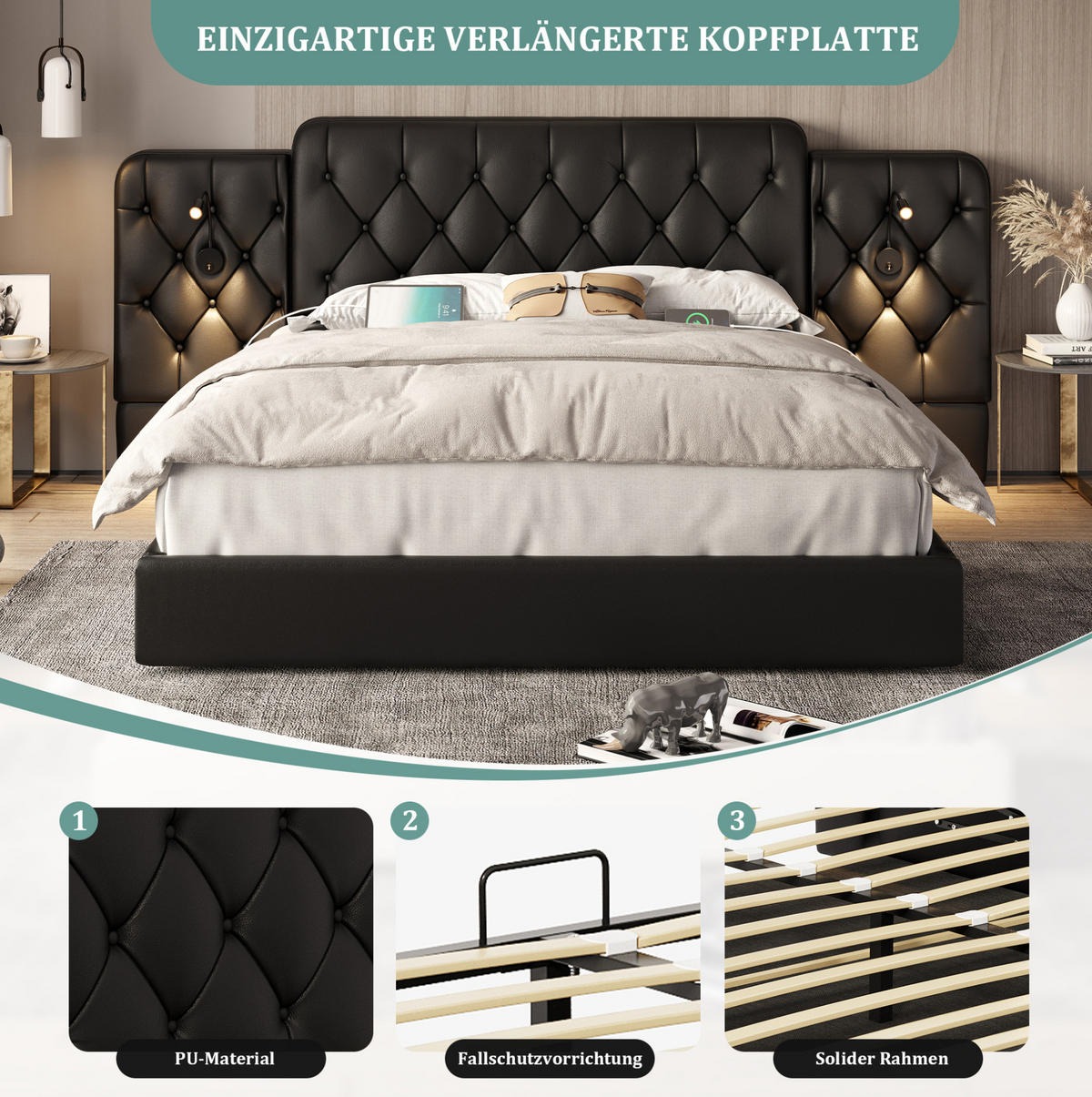POLSTERBETT 160/200 cm mit USB-Anschlüssen, Leselampen und hydraulischem Stauraum, Schwarz - Schwarz, Leder (160/200cm) - Redom