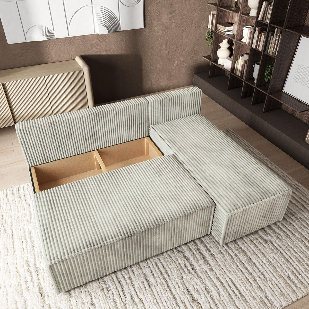 ROHOVÁ SEDAČKA BRISO světle šedá - šedá/světle šedá, dřevo/textil (200/140cm) - MASSENO