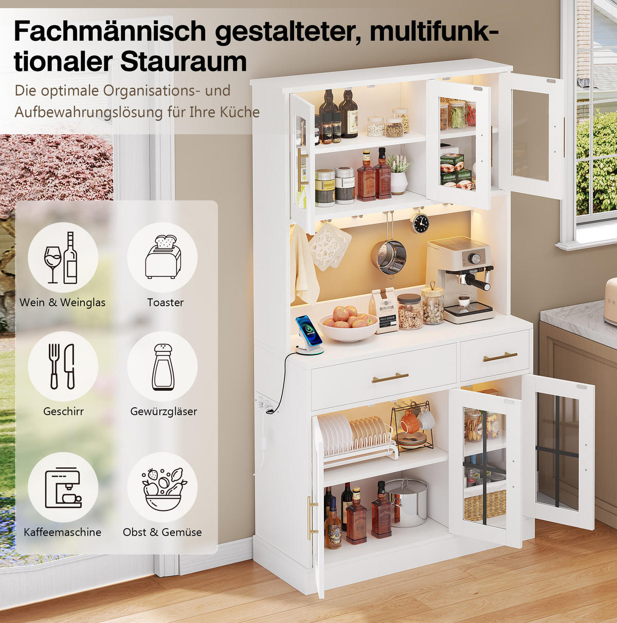 BUFFETSCHRANK 180/100 cm mit LED-Lichtleisten, Steckdose, 6 Türen und 2 Schubladen, Weiß - Weiß, Holzwerkstoff (100/180/40cm) - Redom