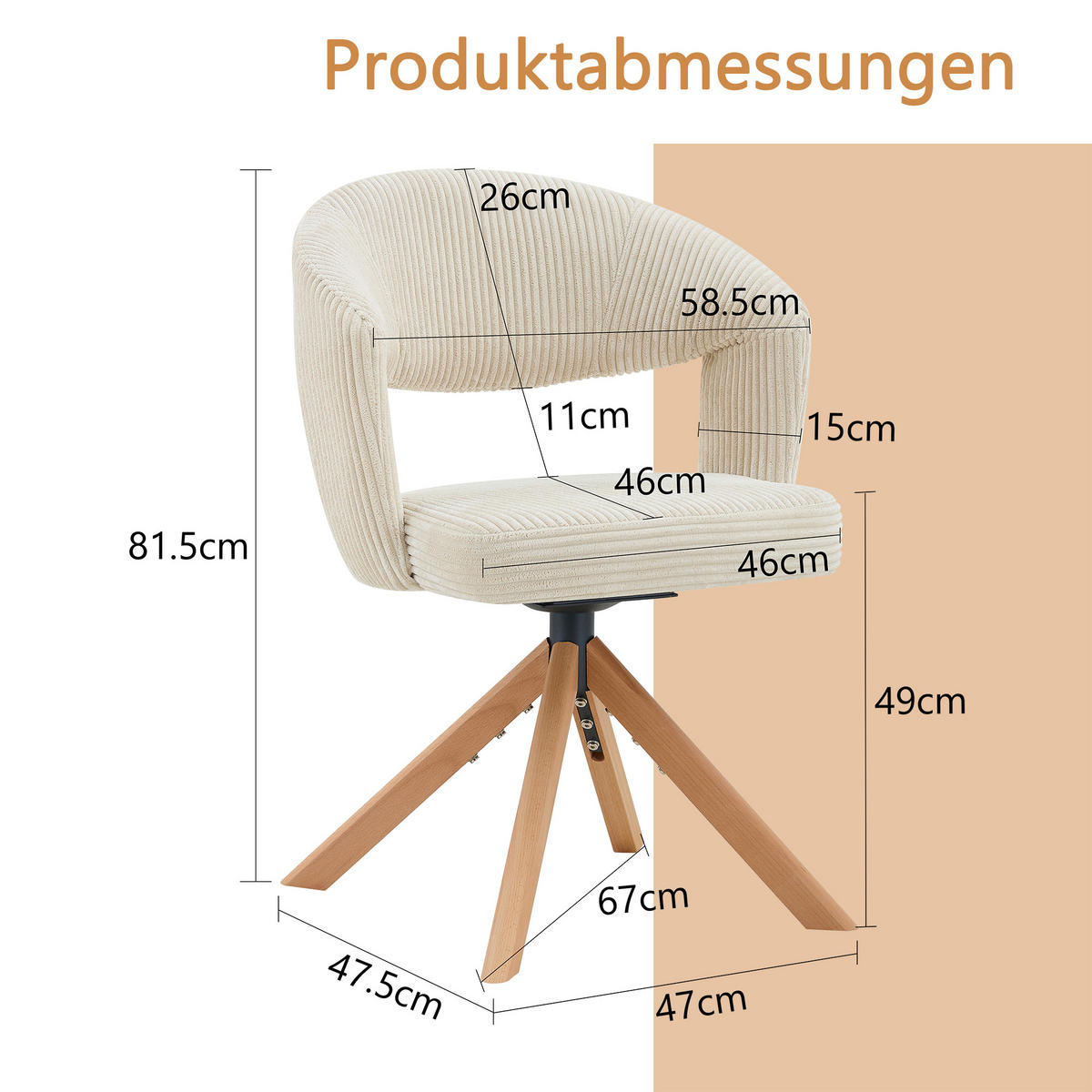 ESSZIMMERSTÜHLE 2er-Set Drehbar Cord Massivholz Retro-Stil - Beige, Textil (47/81.5/47.5cm) - Urban Meuble