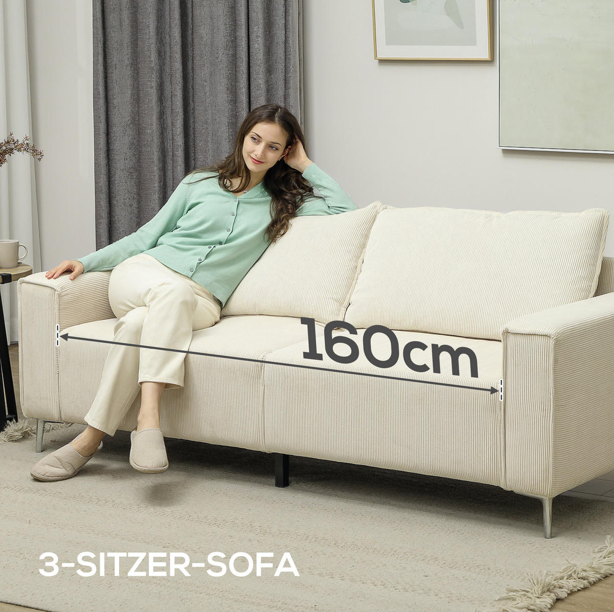 3-SITZER-SOFA aus Polyester 77x193x80 cm Cremeweiß mit Rückenkissen, Cordbezug und Federkomfort - Weiß, Textil (193/80/77cm) - Modfu