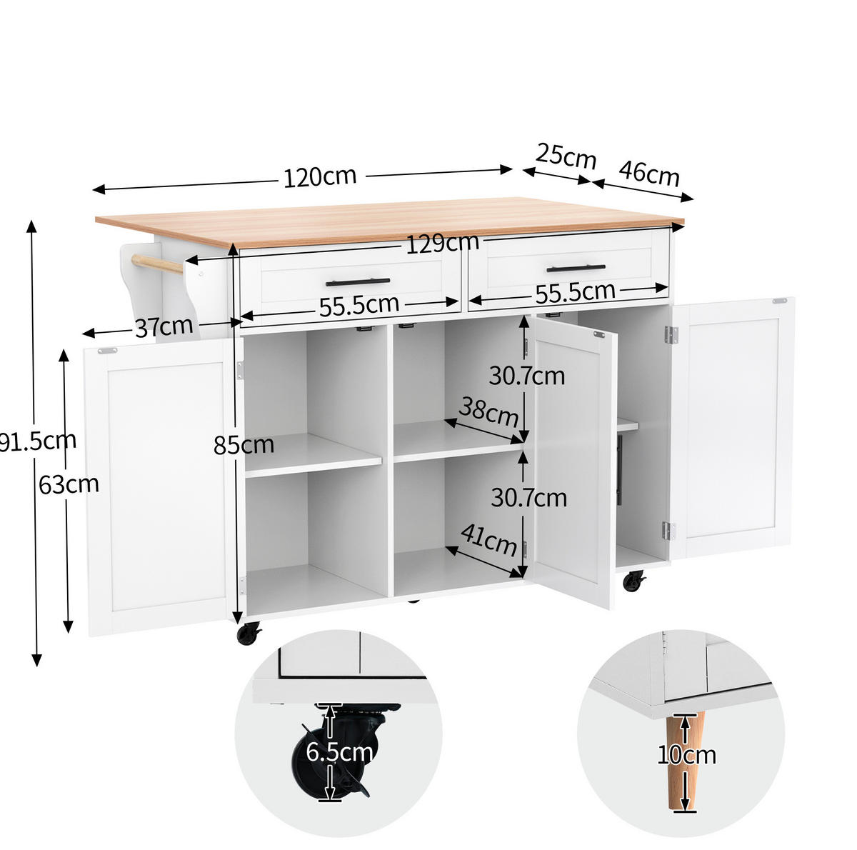 KÜCHENINSEL 129/71/91,5 cm weiß natur mit Klapptischplatte - Weiß, Holzwerkstoff (129/91.5/71cm) - OKWISH